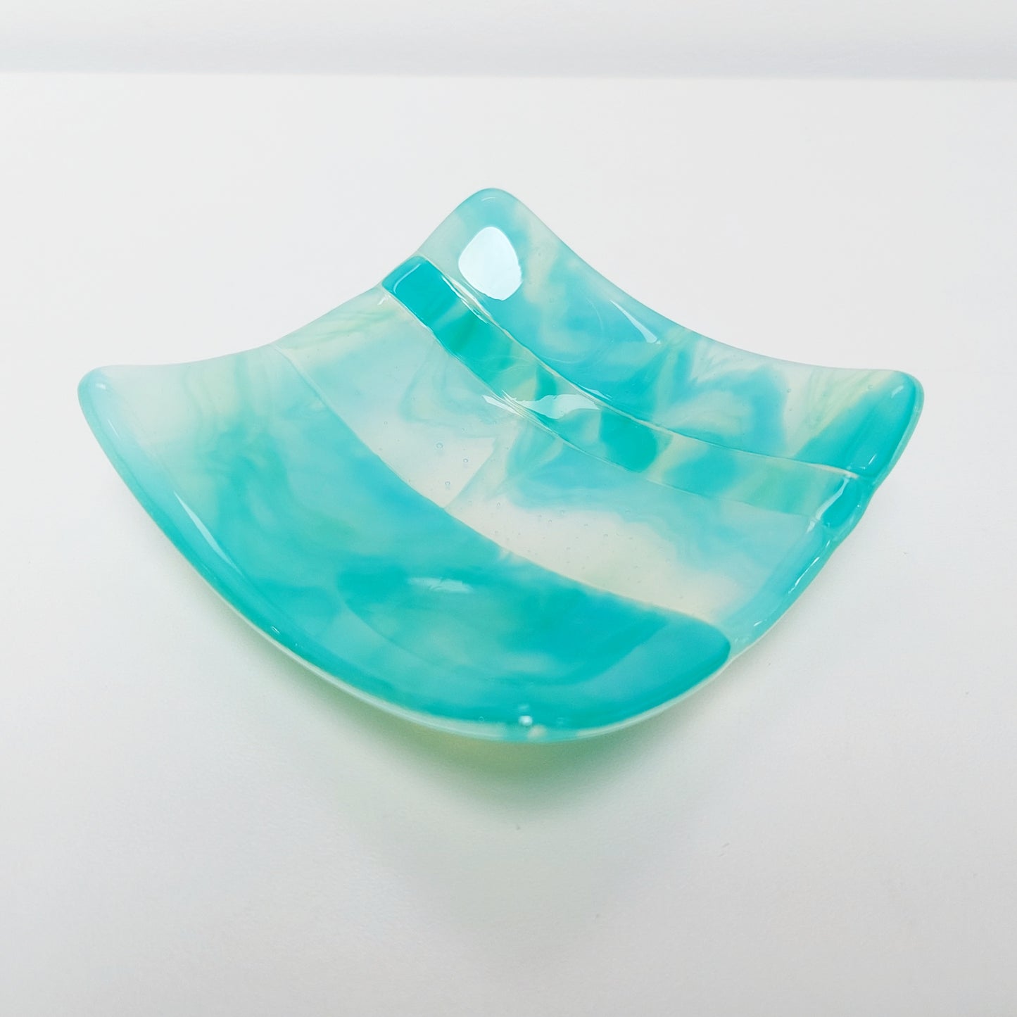 Rydal Water Glass Art Trinket Dish, Handmade Opaline Green and Teal Bedside Table Jewellery Bowl, Natural Green Bedroom Décor, Artisan Gift
