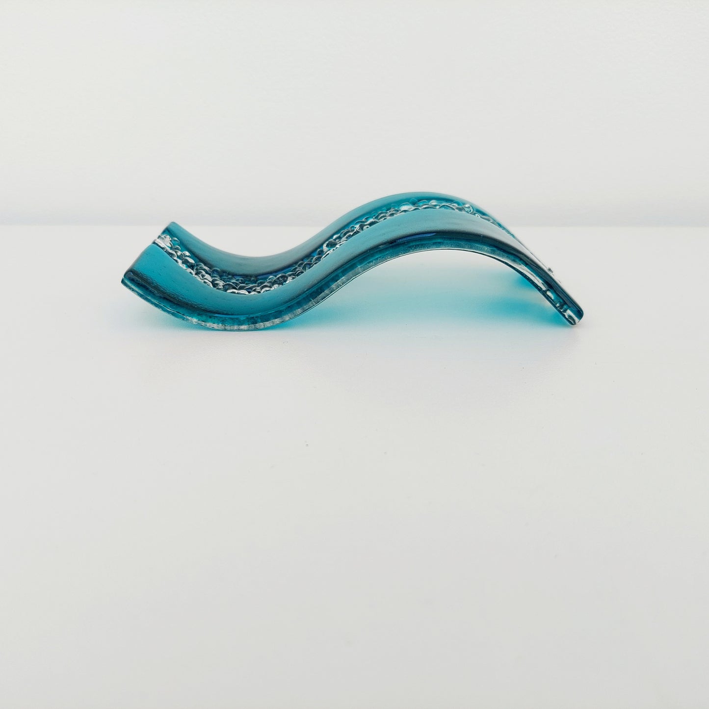 Small Teal Glass Art Wave, Handmade Fused Glass Ornament