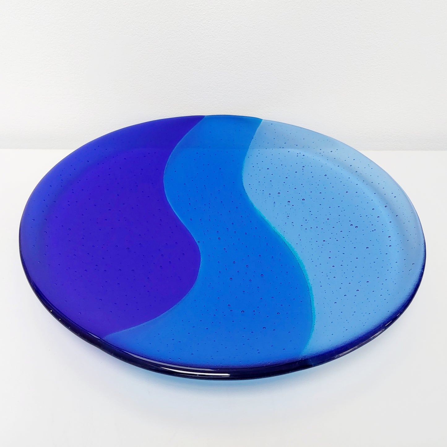 Windermere Waves Glass Art Bowl, Large Handmade Blue Fused Glass Bowl, Shallow Fruit Bowl, Kitchen Island Centrepiece, Blue Kitchen Décor