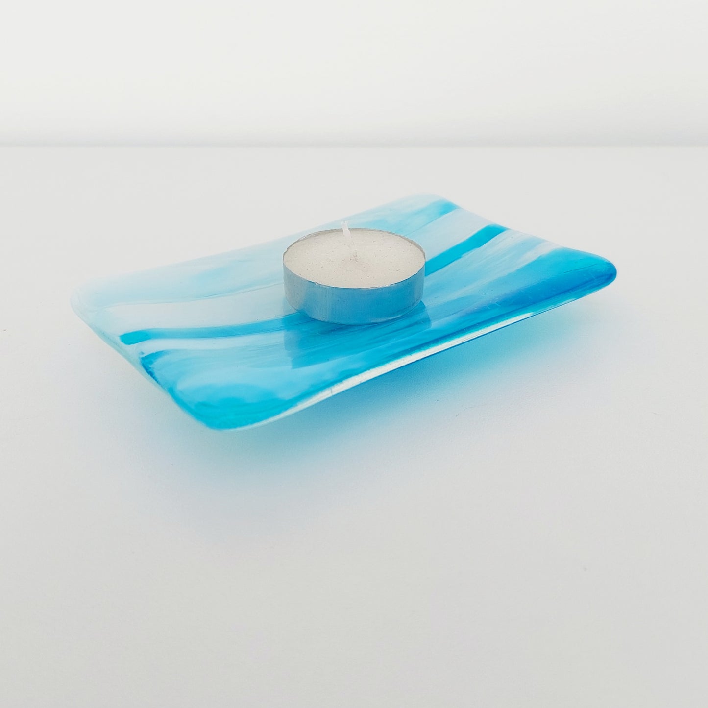 Winter in the Lakes Glass Art Soap Dish, Contemporary Handcrafted Turquoise and White Fused Glass Trinket Dish, Turquoise Bathroom Décor