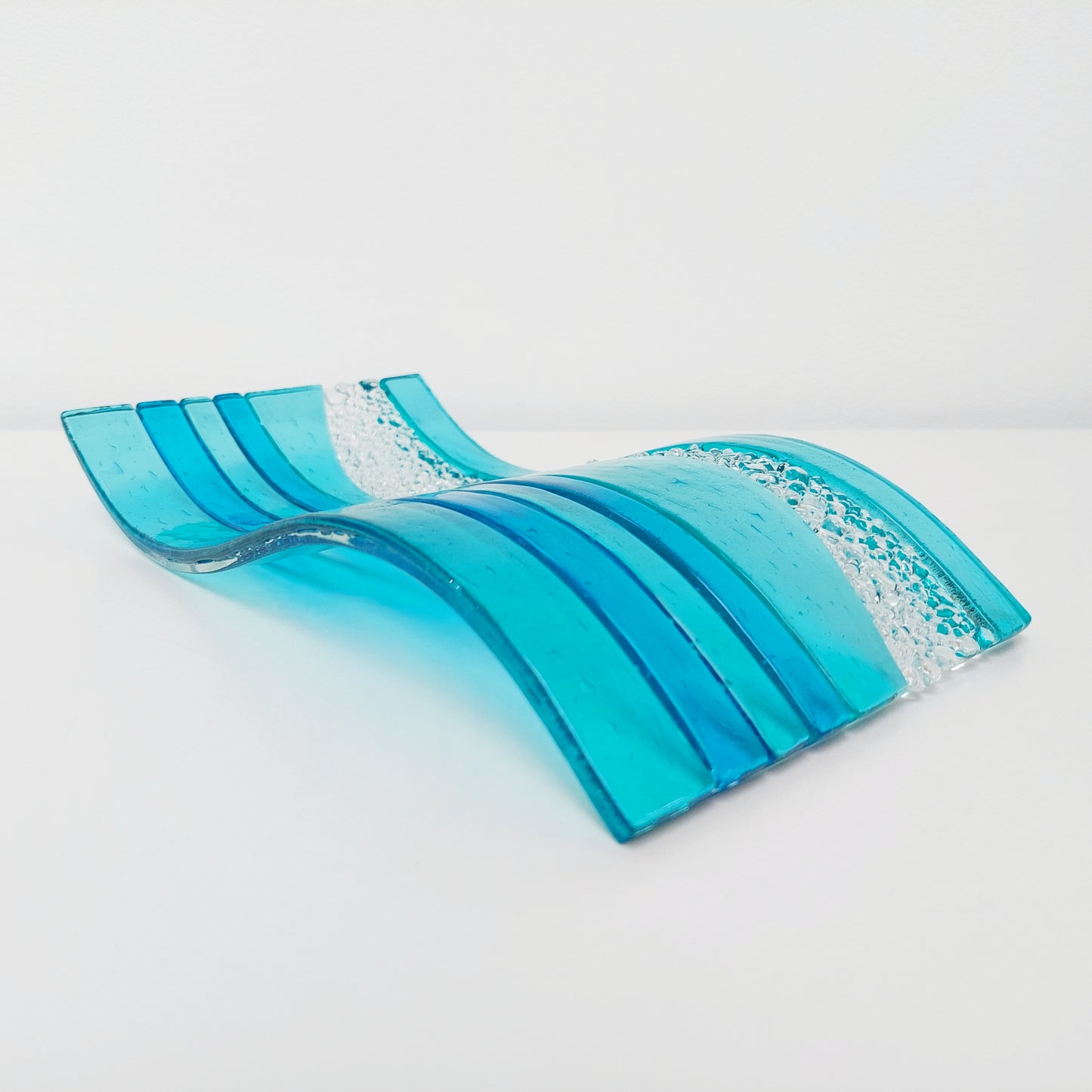 Large Aqua Glass Art Wave with Turquoise Accents, Handmade Textured Fused Glass Ornament, Aqua Décor, Beach House Décor, Lake District Gift