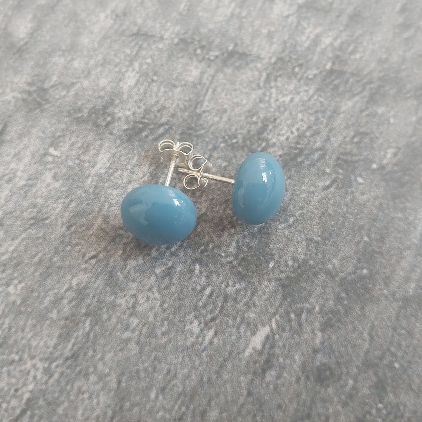 Blue-Grey Glass Stud Earrings with 925 Sterling Silver Posts and Butterflies, Handmade Minimalist Fused Glass Studs, Small Blue Earrings