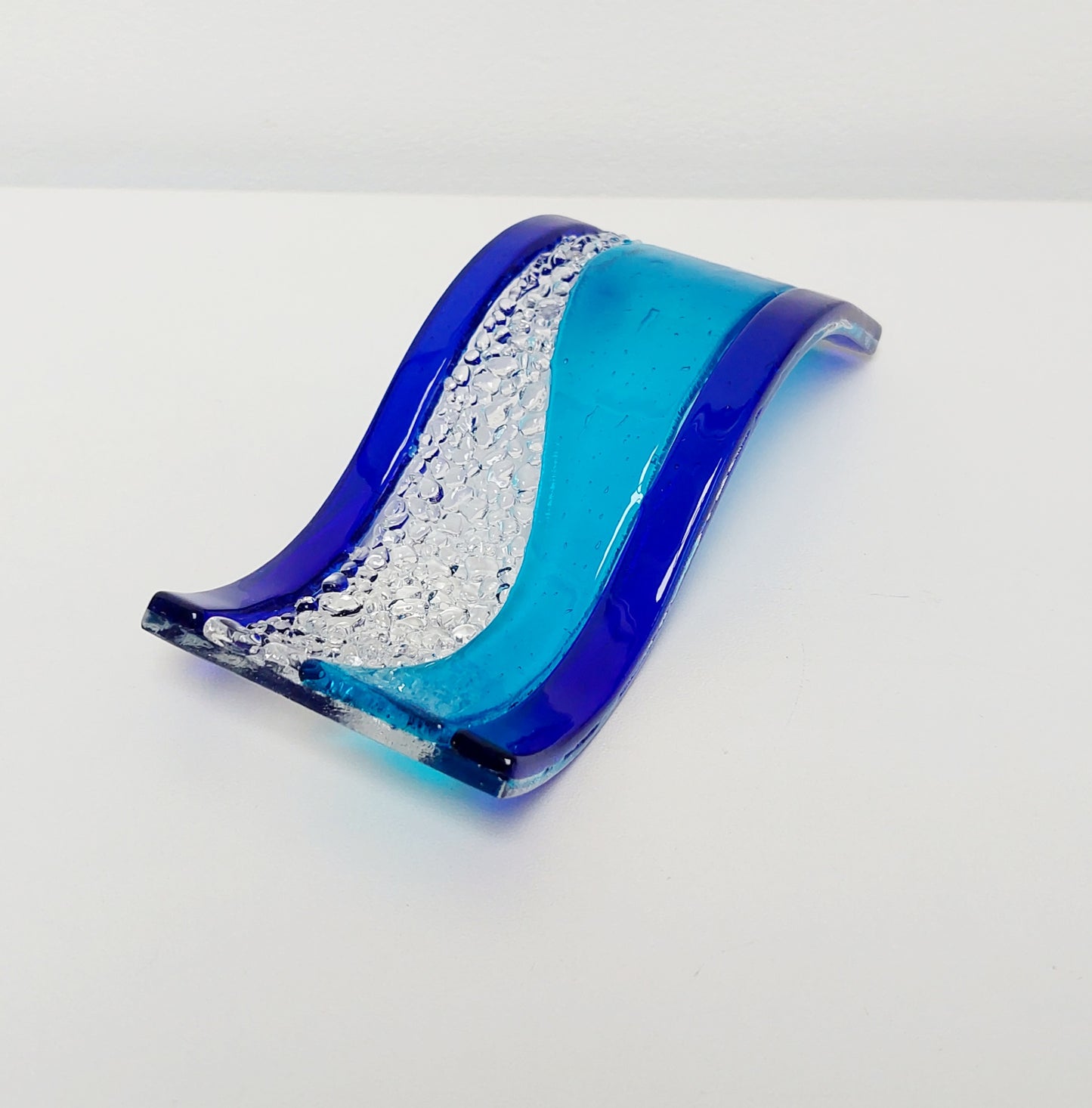 Turquoise and Cobalt Glass Wave, Small Handcrafted Fused Glass Art Ornament