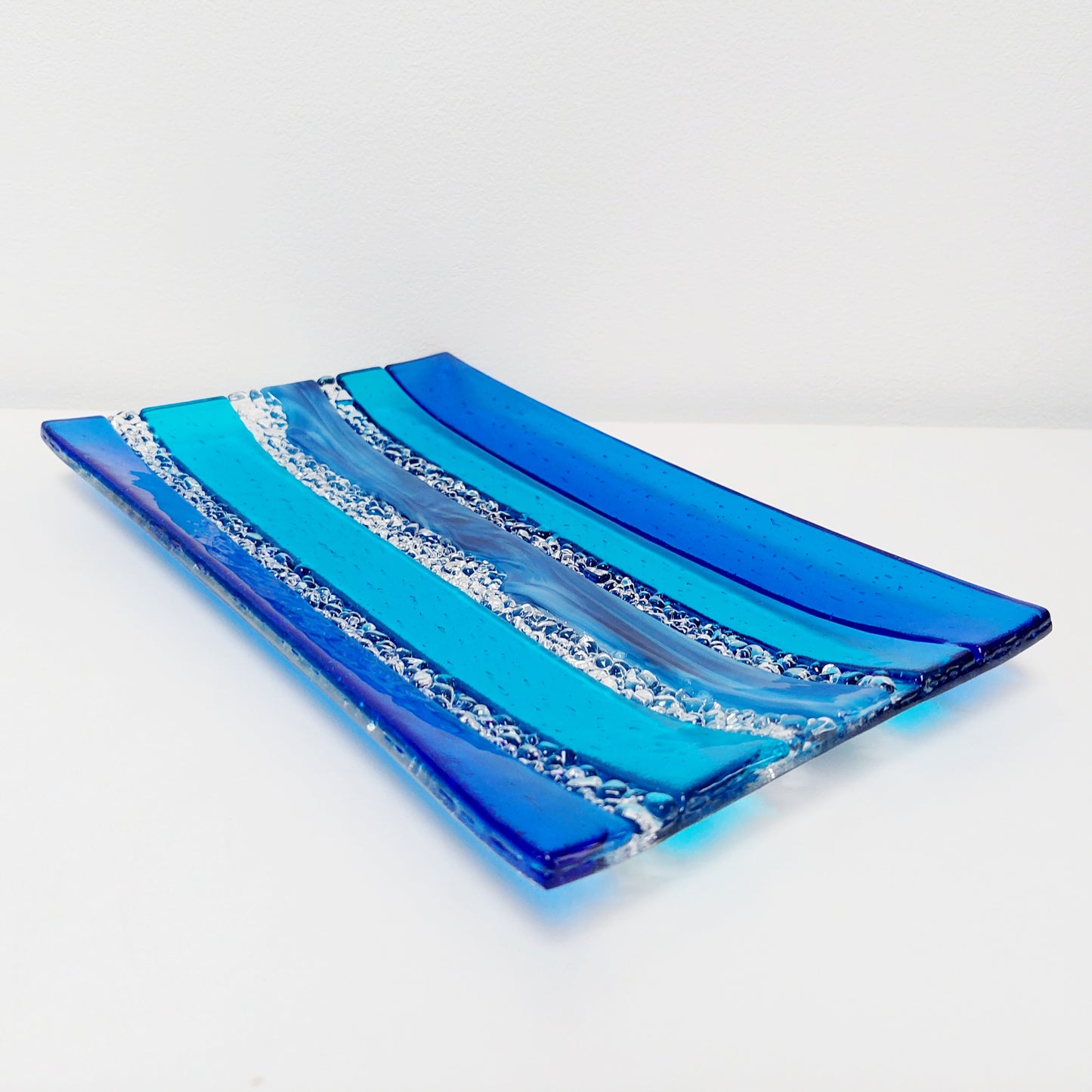 Blue Textured Glass Art Plate, Handcrafted Decorative Tray