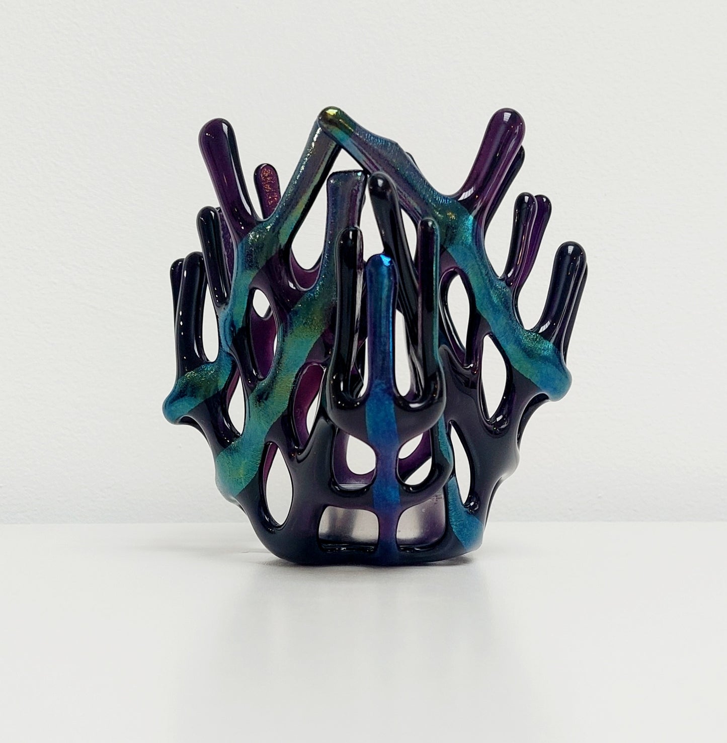 Handcrafted Iridescent Amethyst Glass Basket, Asymmetrical Coral Vase, Art Sculpture