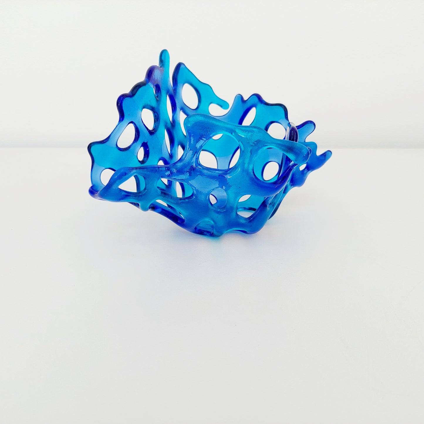 Blue Glass Art Basket, Handcrafted Turquoise and Royal Blue Fused Glass Coral Bowl, Woven Glass Living Room Shelf Ornament, Candle Holder