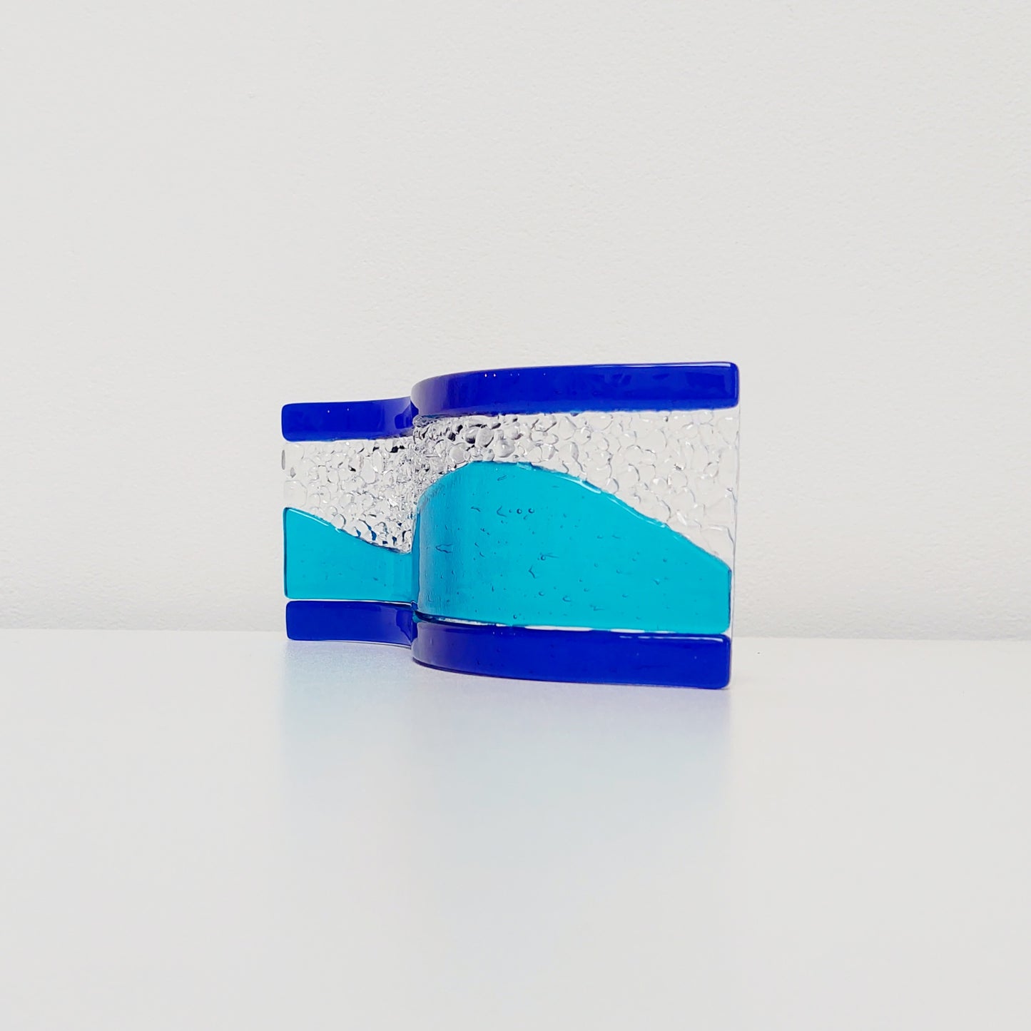 Turquoise and Cobalt Glass Wave, Small Handcrafted Fused Glass Art Ornament