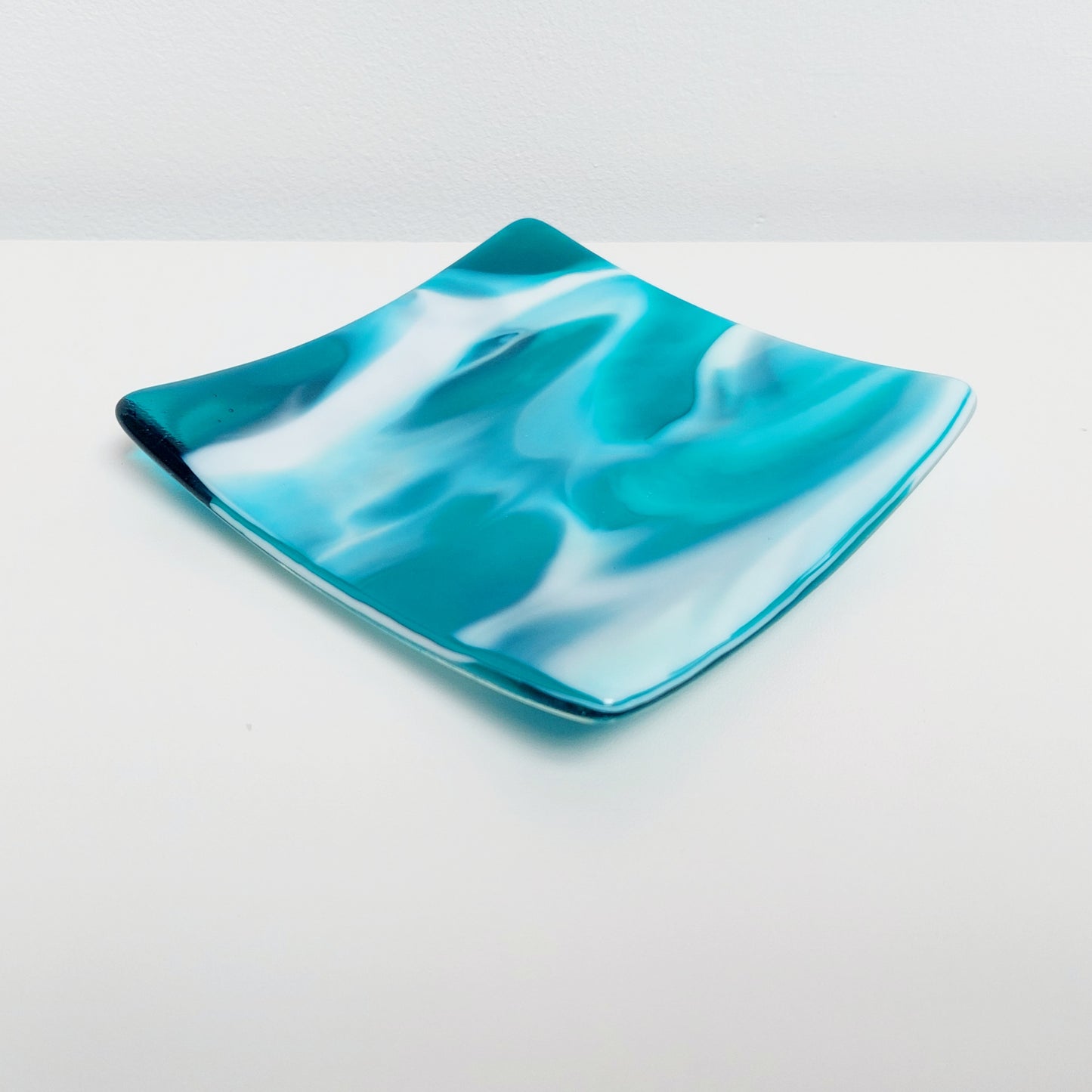 Teal Glass Art Plate, Small Handmade Fused Glass Trinket Dish (12 x 12 cm), Coffee Table Plate, Teal Living Room Décor