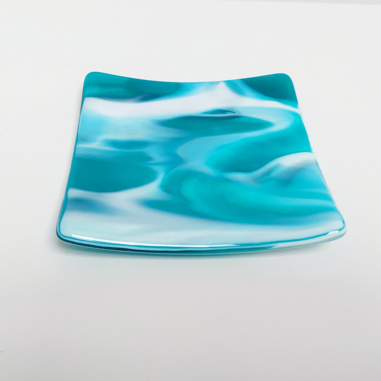 Teal Glass Art Plate, Small Handmade Fused Glass Trinket Dish (12 x 12 cm), Coffee Table Plate, Teal Living Room Décor