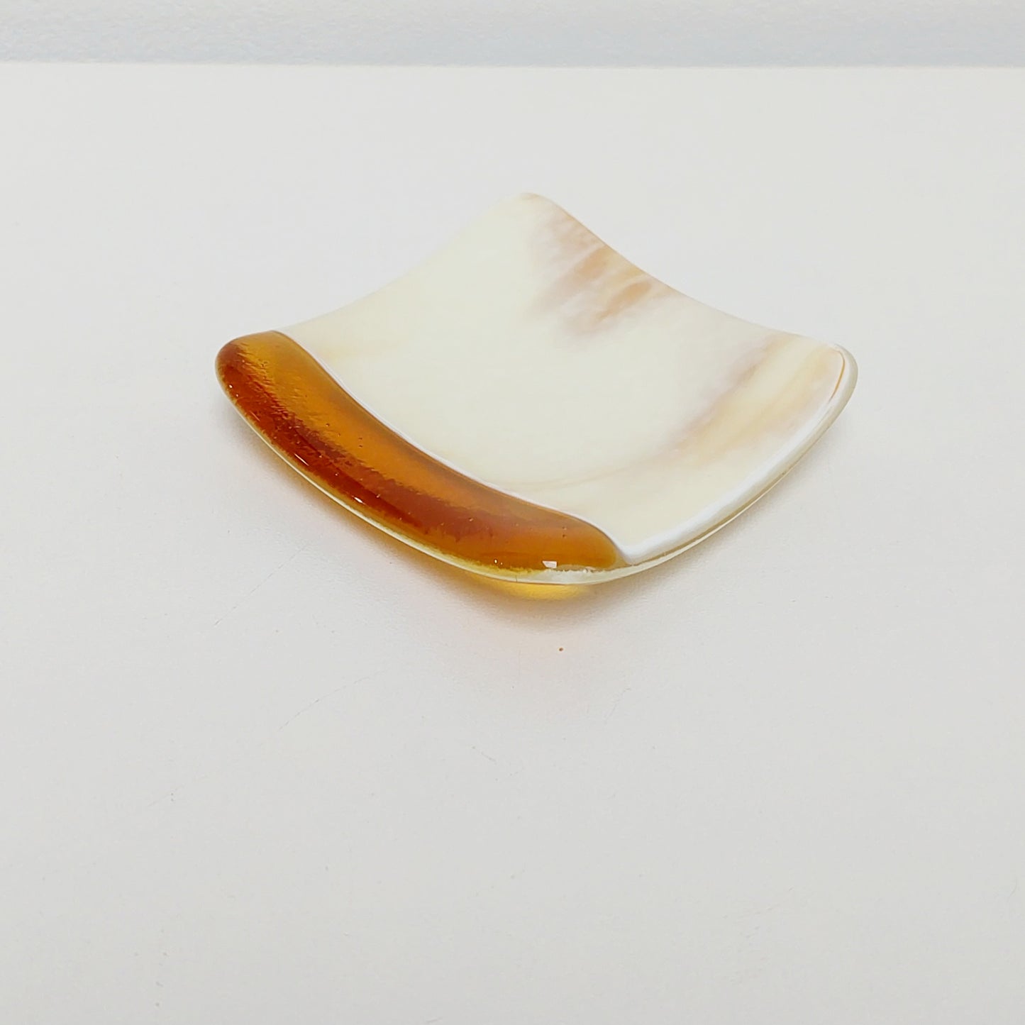 Amber and Cream Glass Ring Dish, Small Handmade Fused Glass Trinket Dish