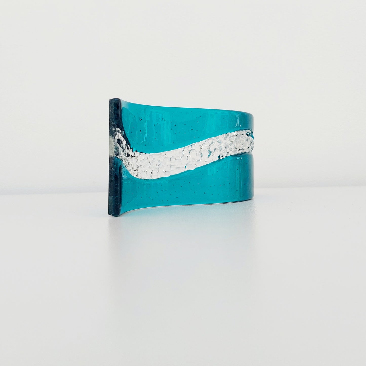 Small Teal Glass Art Wave, Handmade Fused Glass Ornament