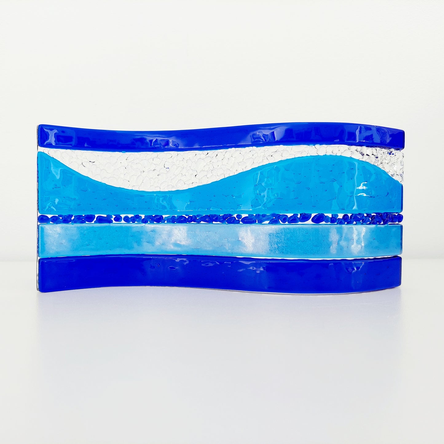 Blue Glass Art Wave, Handcrafted Turquoise and Cobalt Blue Mantlepiece Ornament