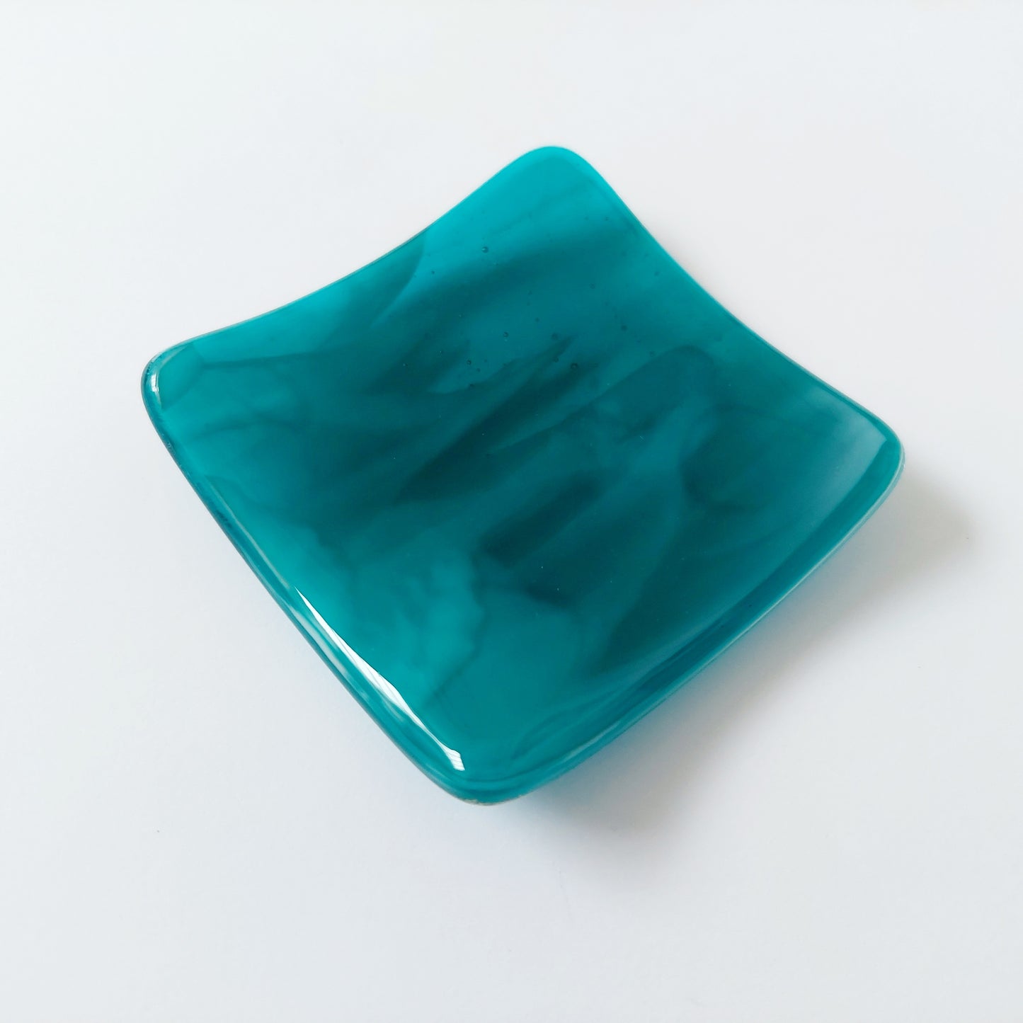 Teal Glass Art Ring Dish, Small Handmade Trinket Dish