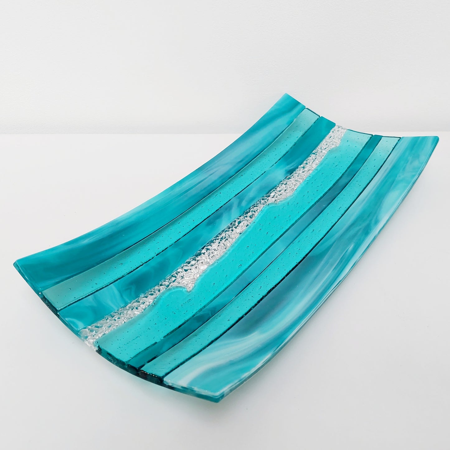 Teal and Aqua Glass Art Plate, Large Handmade Fused Glass Decorative Tray