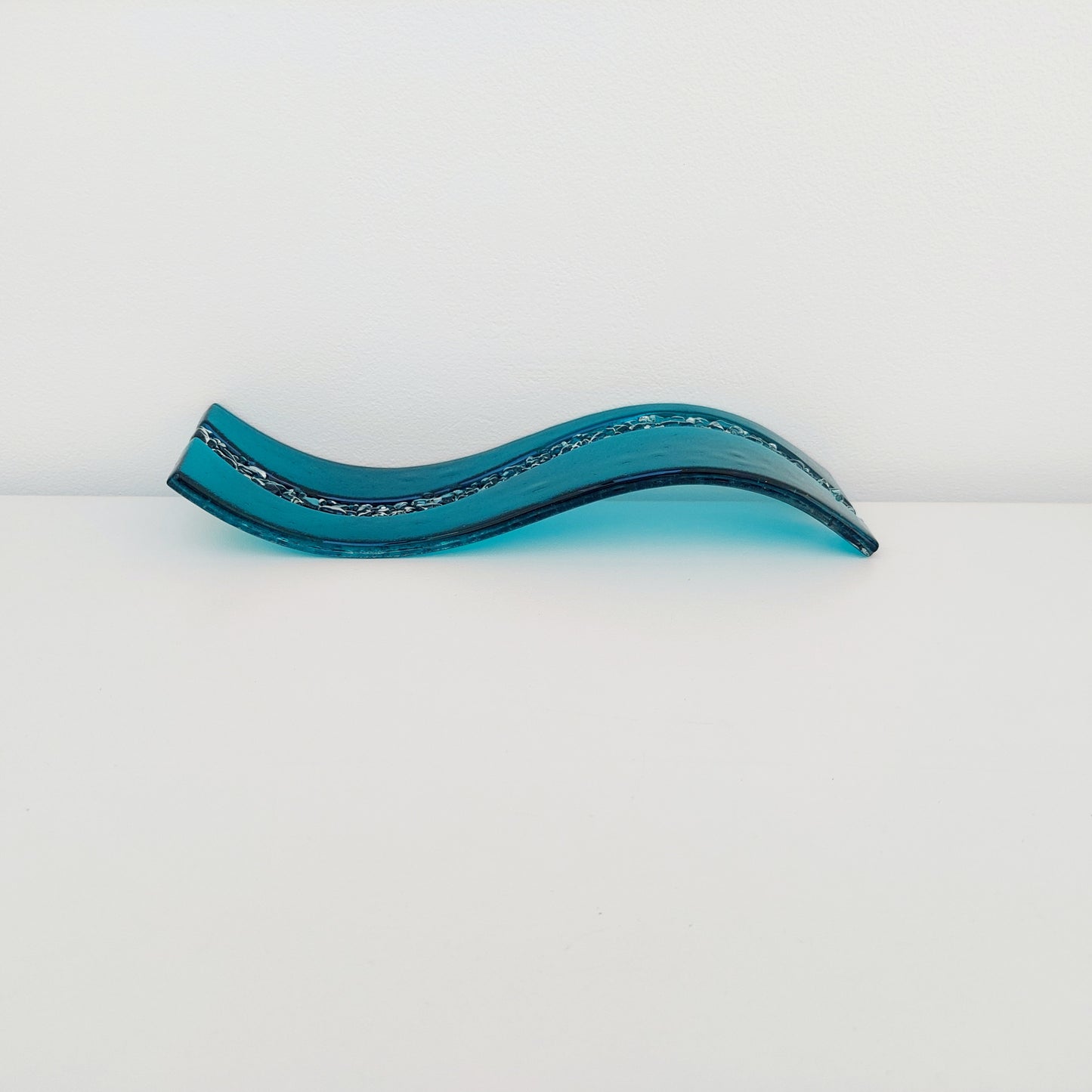 Abstract Teal Glass Art Wave, Contemporary Fused Glass Ornament