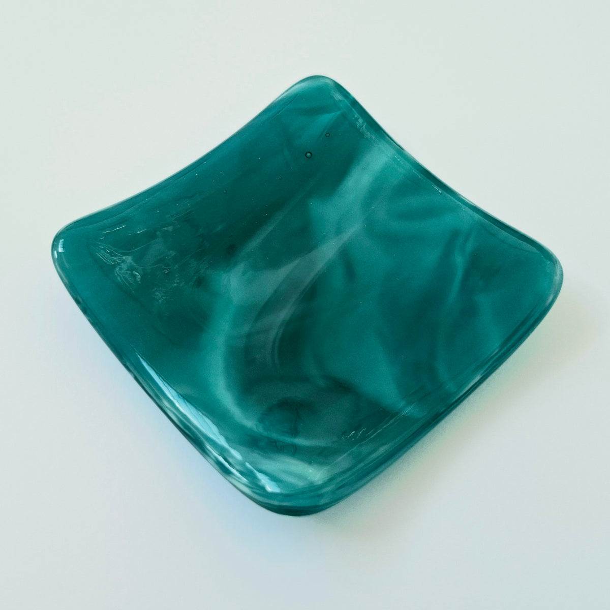 Teal Glass Art Ring Dish, Small Handmade Trinket Dish