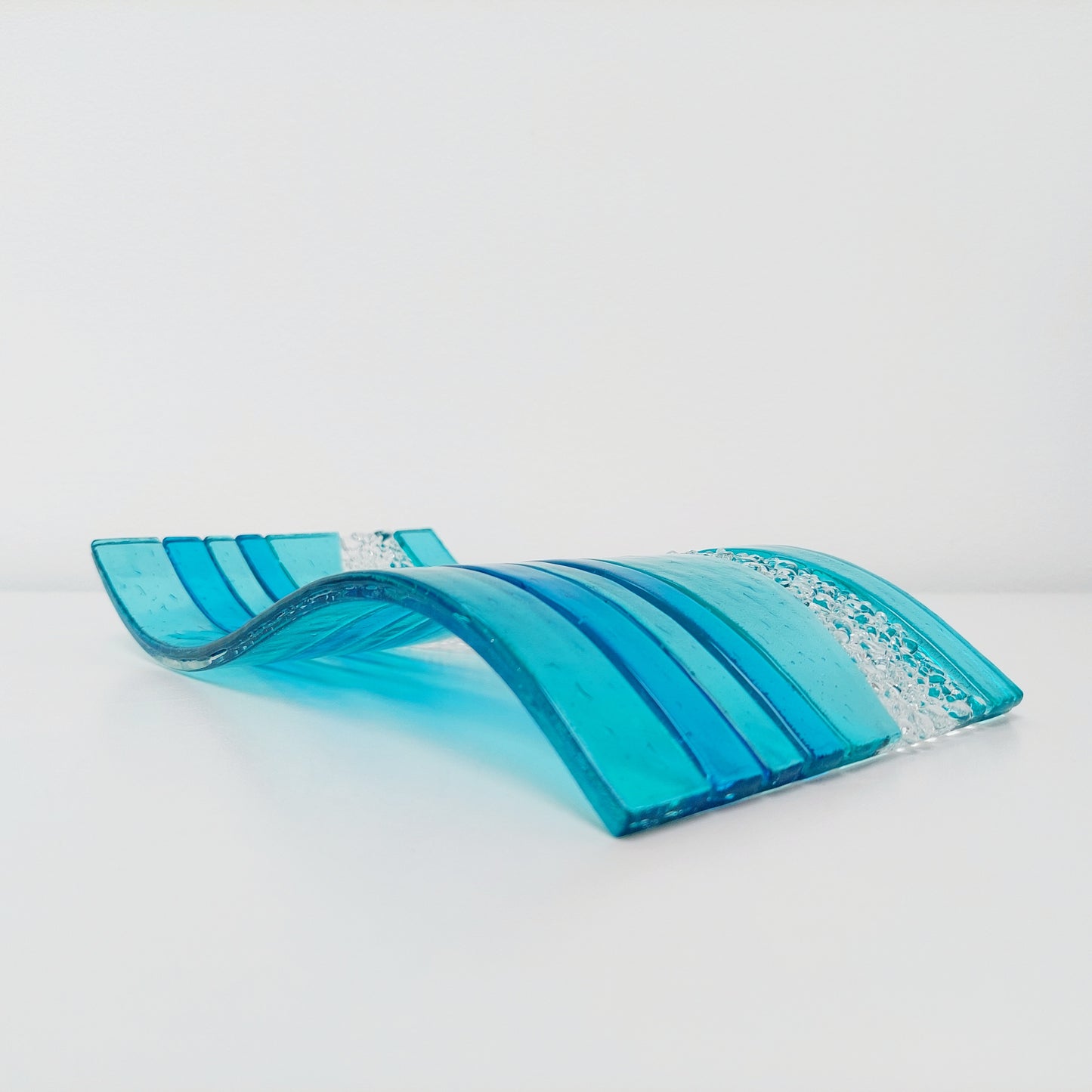 Large Aqua Glass Art Wave with Turquoise Accents, Handmade Textured Fused Glass Ornament, Aqua Décor, Beach House Décor, Lake District Gift
