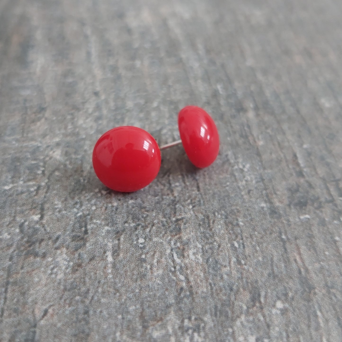 Red Fused Glass Stud Earrings with Sterling Silver Posts: 12 mm