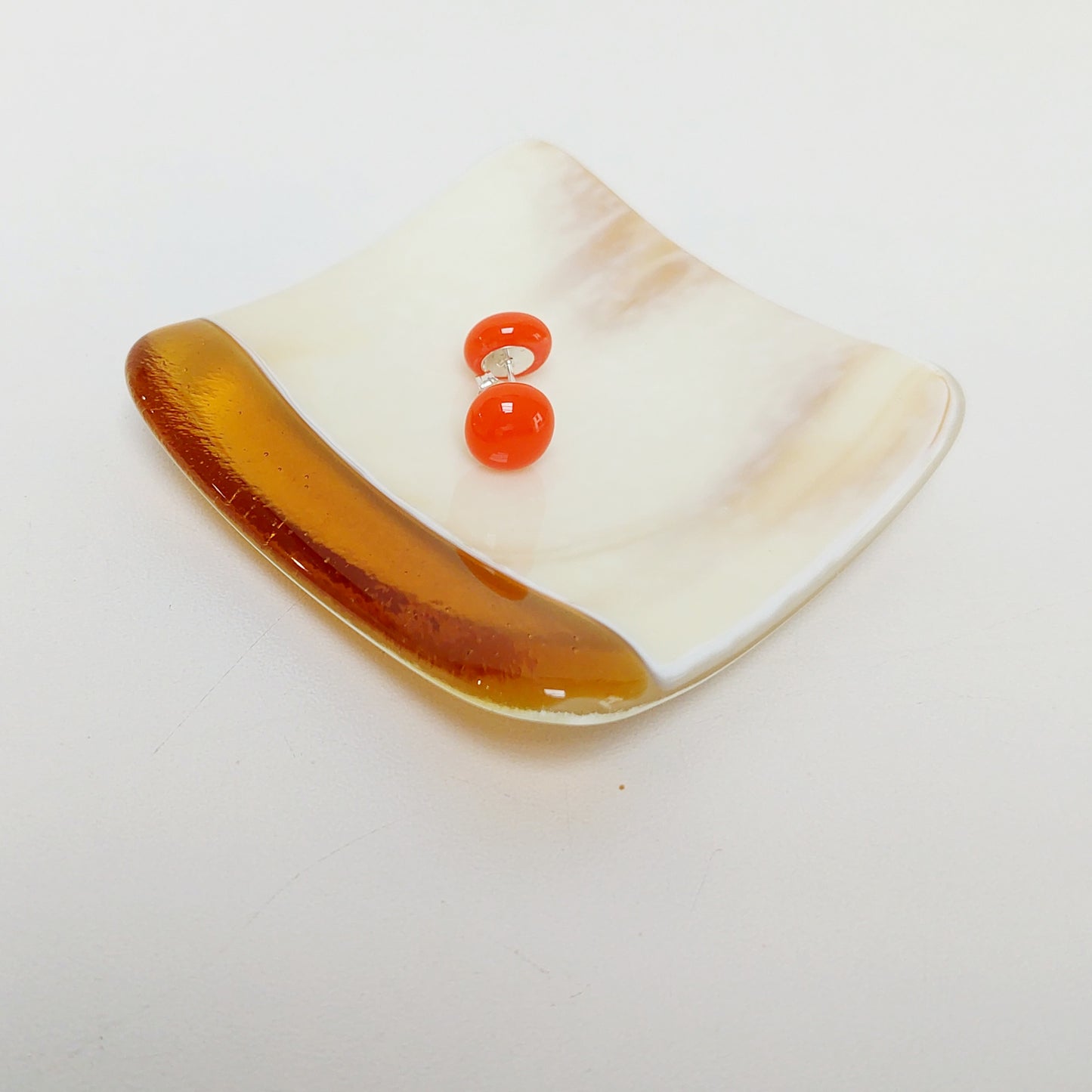Amber and Cream Glass Ring Dish, Small Handmade Fused Glass Trinket Dish