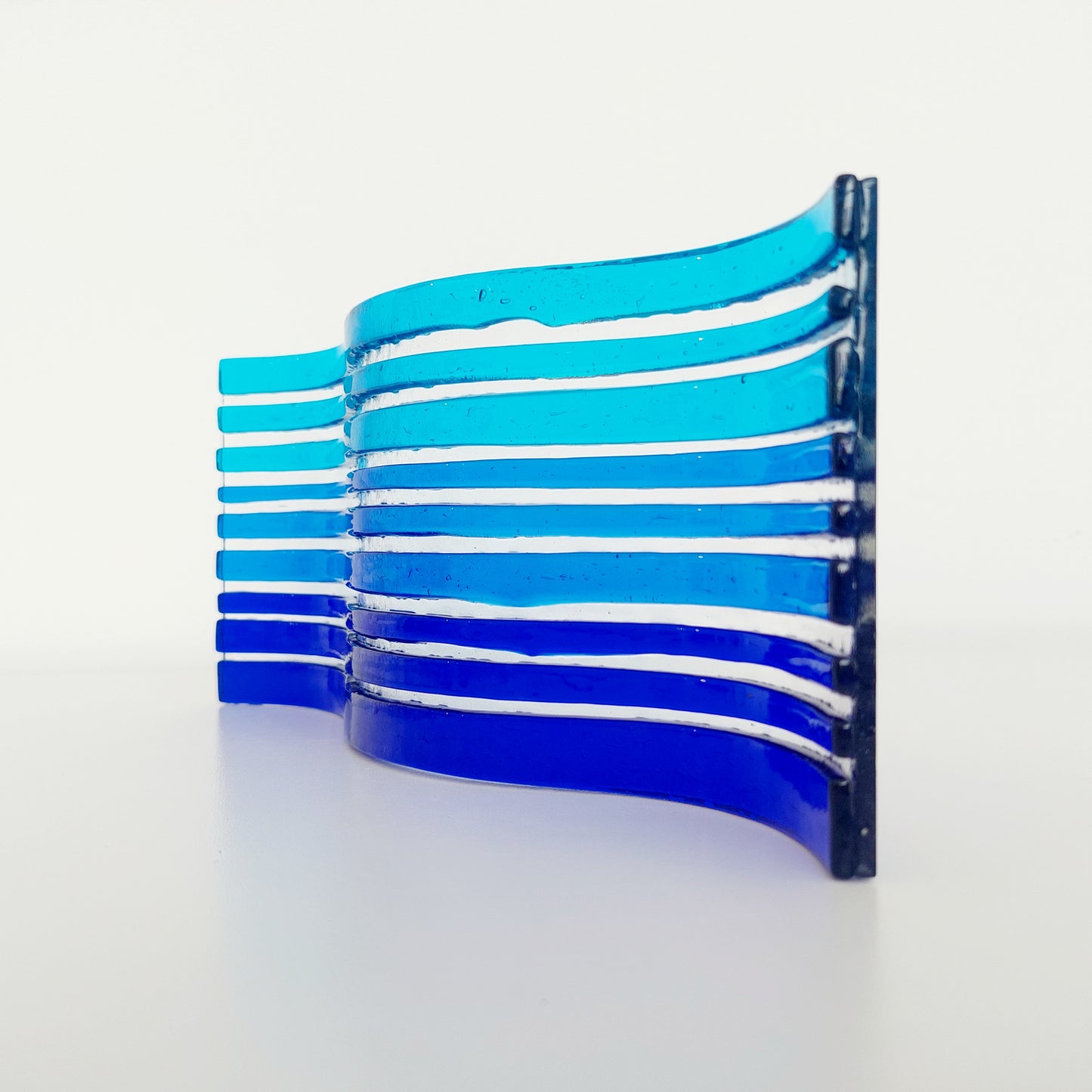 Blue Fused Glass Art Ornament, Freestanding Wavy Glass Panel, Blue Home Décor, Handmade Blue Living Room Ornament, Blue Bathroom Ornament