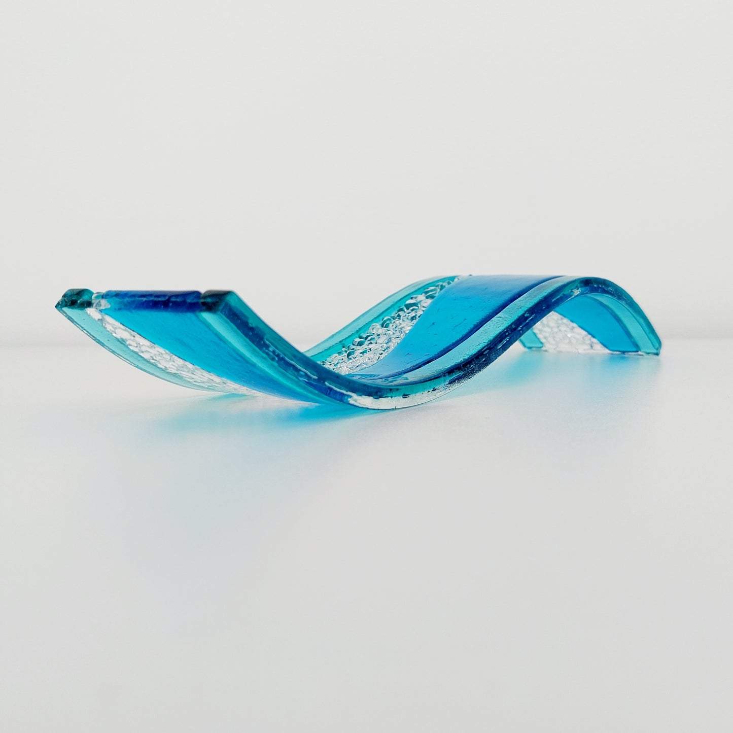 Turquoise and Aqua Glass Ornament, Handmade Textured Glass Art Wave, Freestanding Glass Panel, Turquoise Shelf Ornament, Beach House Décor