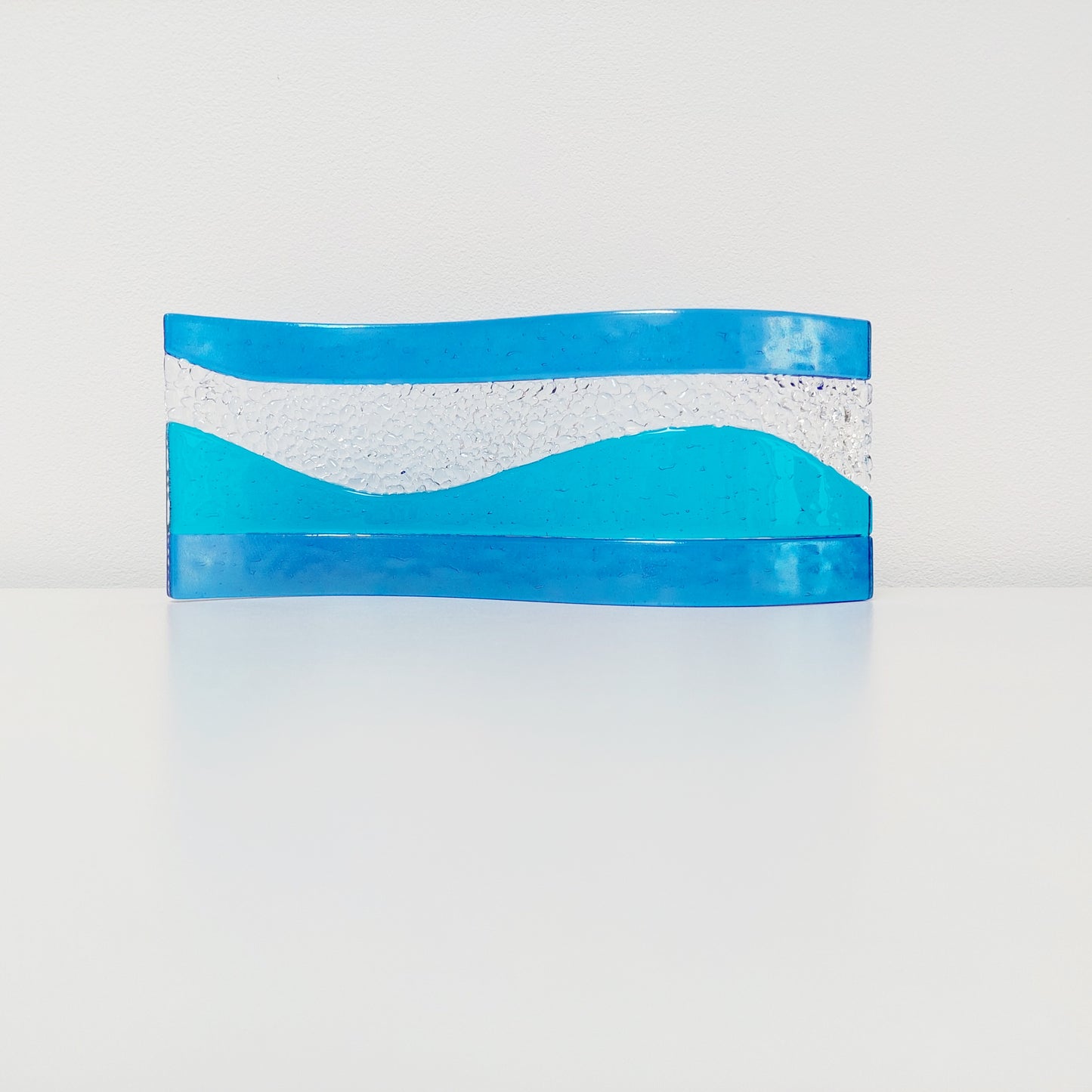 Turquoise Blue Glass Art Wave, Handmade Kiln Formed Glass Ornament