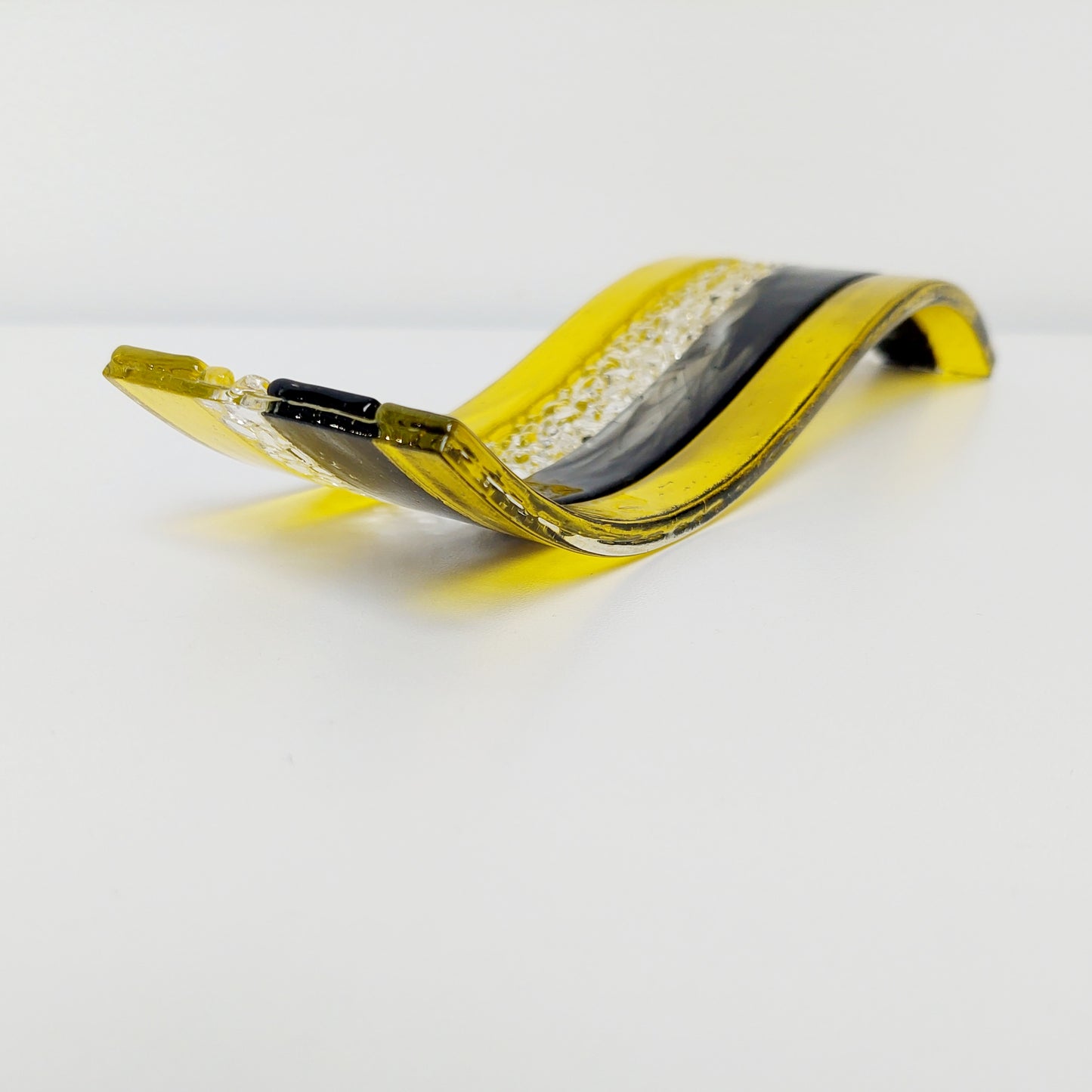 November Sunshine Glass Art Wave, Yellow and Black Sculpture