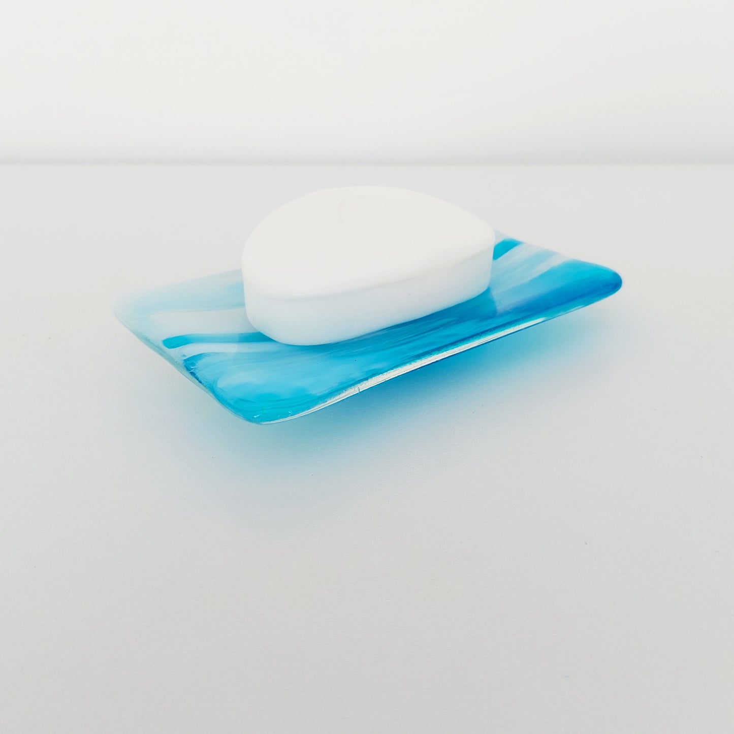 Winter in the Lakes Glass Art Soap Dish, Contemporary Handcrafted Turquoise and White Fused Glass Trinket Dish, Turquoise Bathroom Décor
