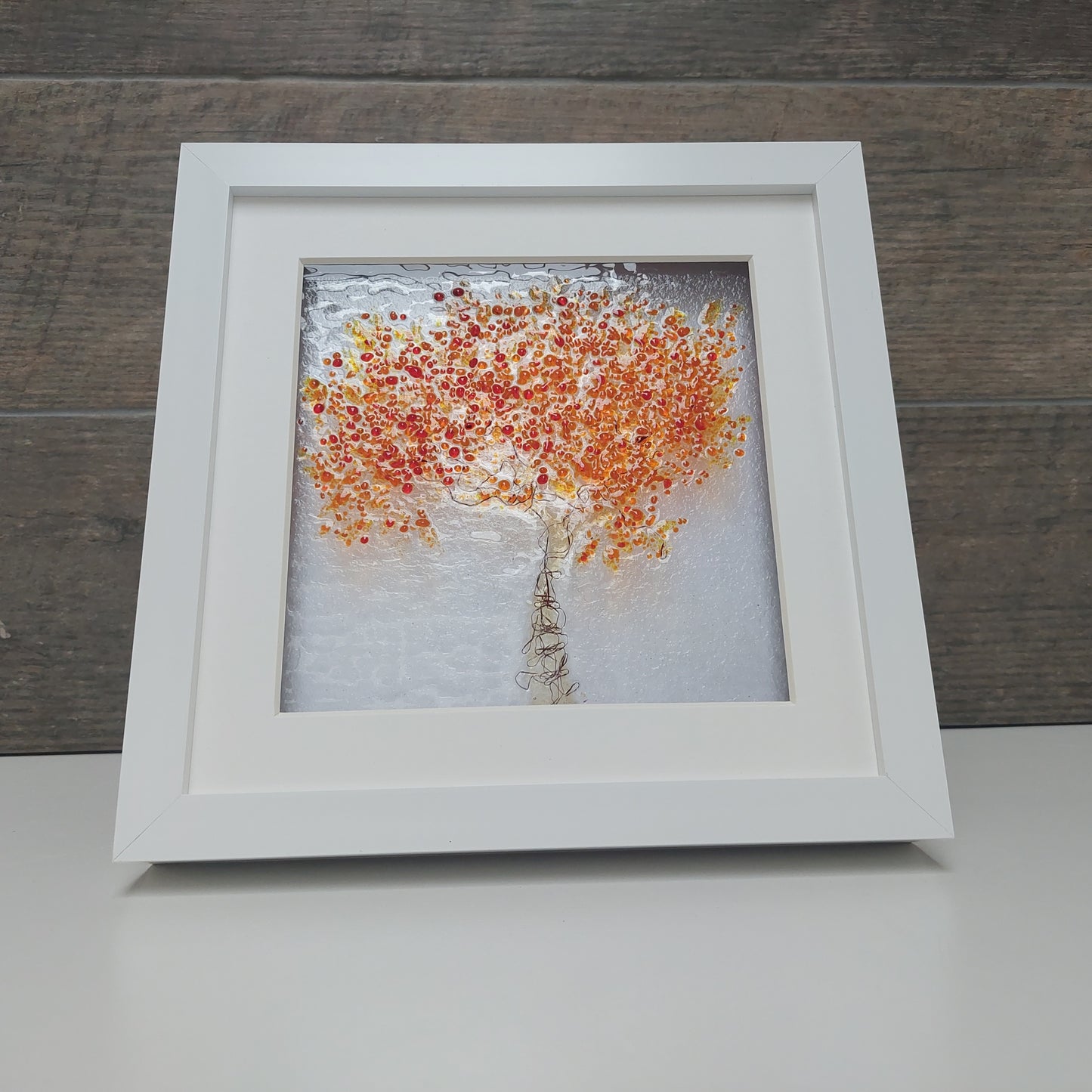 Framed Autumnal Glass Tree, Handmade Fused Glass Picture