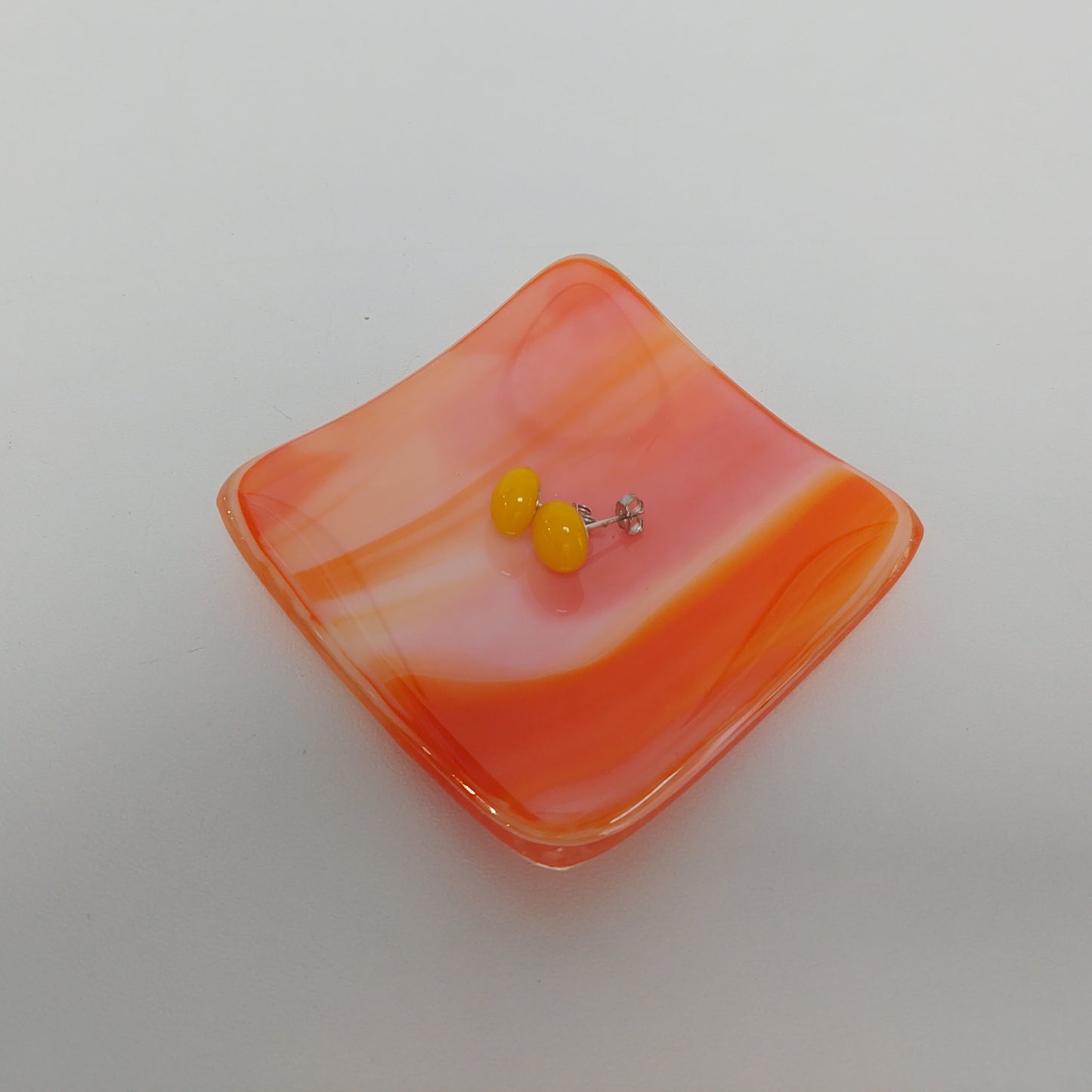 Orange Glass Art Earring Tray, Handmade Beside Table Trinket Bowl