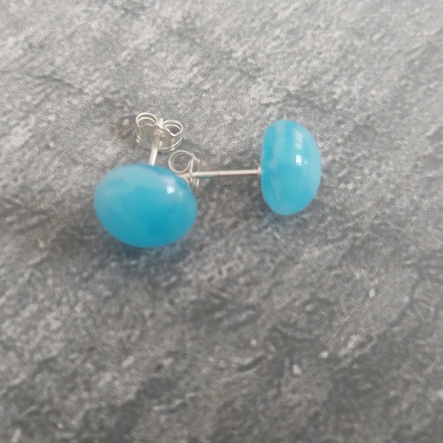 Pastel Turquoise Glass Art Stud Earrings, Small Handmade Blue Fused Glass Studs with Sterling Silver Posts and Butterflies