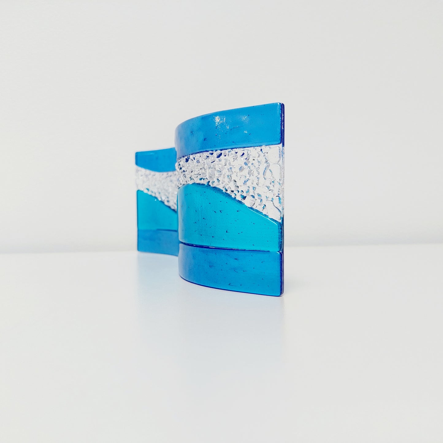 Turquoise Blue Glass Art Wave, Handmade Kiln Formed Glass Ornament