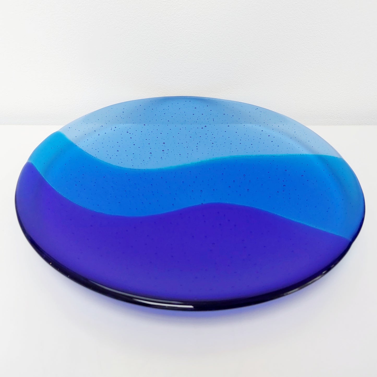 Windermere Waves Glass Art Bowl, Large Handmade Blue Fused Glass Bowl, Shallow Fruit Bowl, Kitchen Island Centrepiece, Blue Kitchen Décor