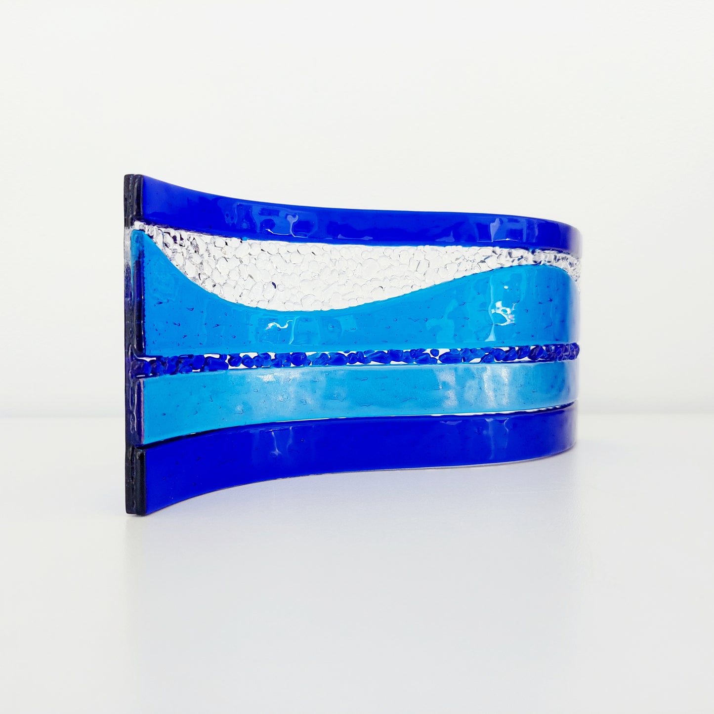 Blue Glass Art Wave, Handcrafted Turquoise and Cobalt Blue Mantlepiece Ornament