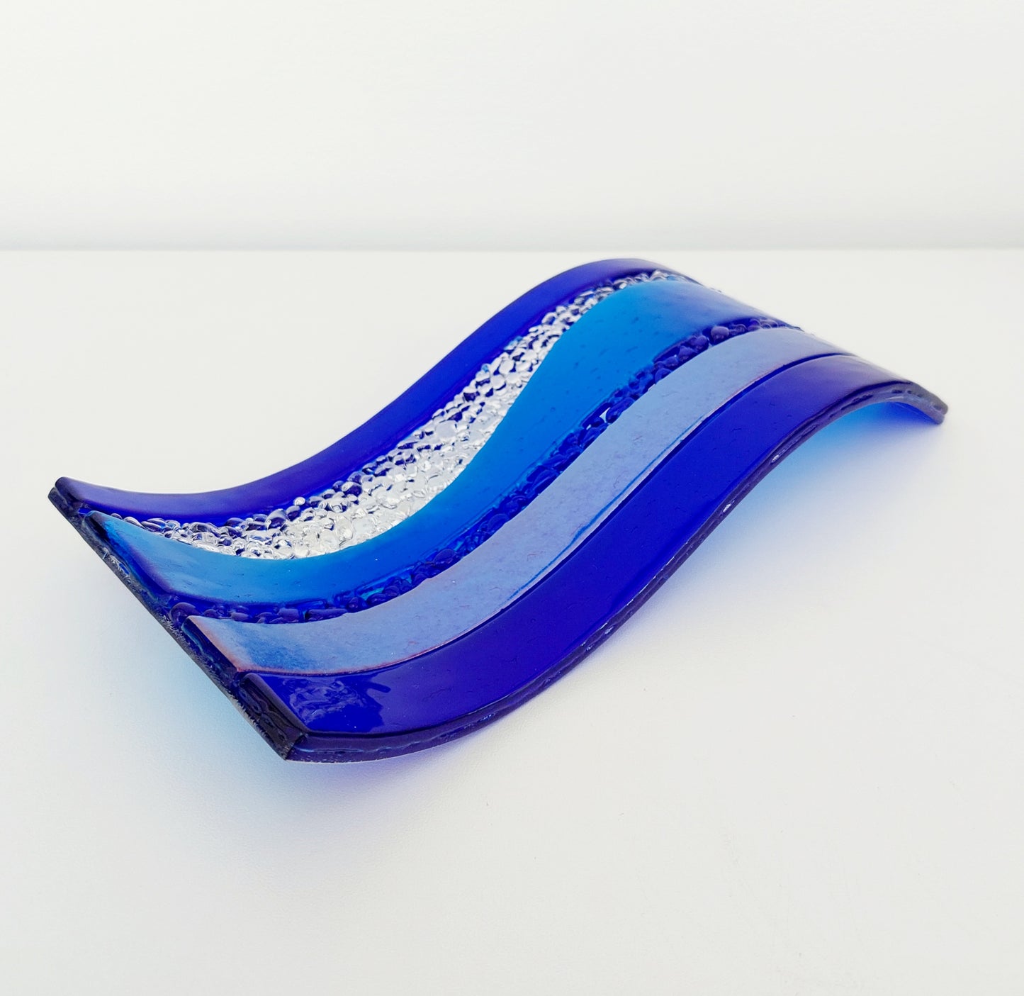 Blue Glass Art Wave, Handcrafted Turquoise and Cobalt Blue Mantlepiece Ornament