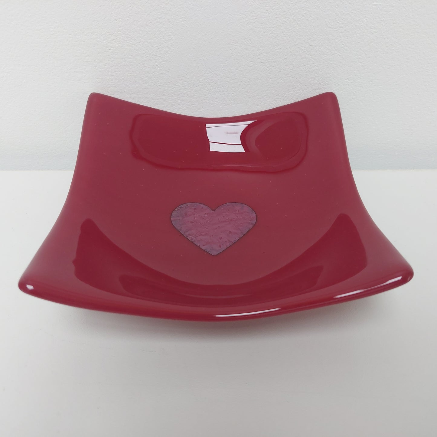 RESERVED for ANTONY - Dark Red Glass Trinket Bowl with a Heart Motif