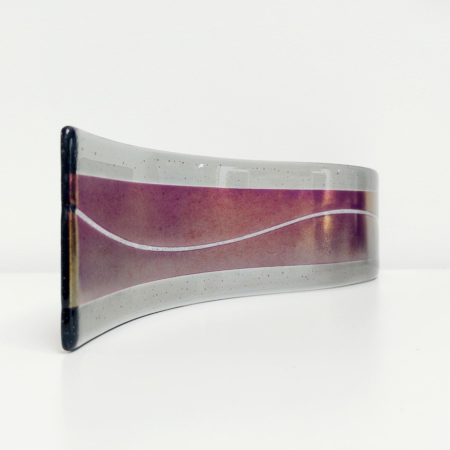 Amethyst and Grey Glass Wave, Large Handmade Iridescent Purple and Silver Grey Glass Art Ornament, Opulent Table Centrepiece, Amethyst Décor