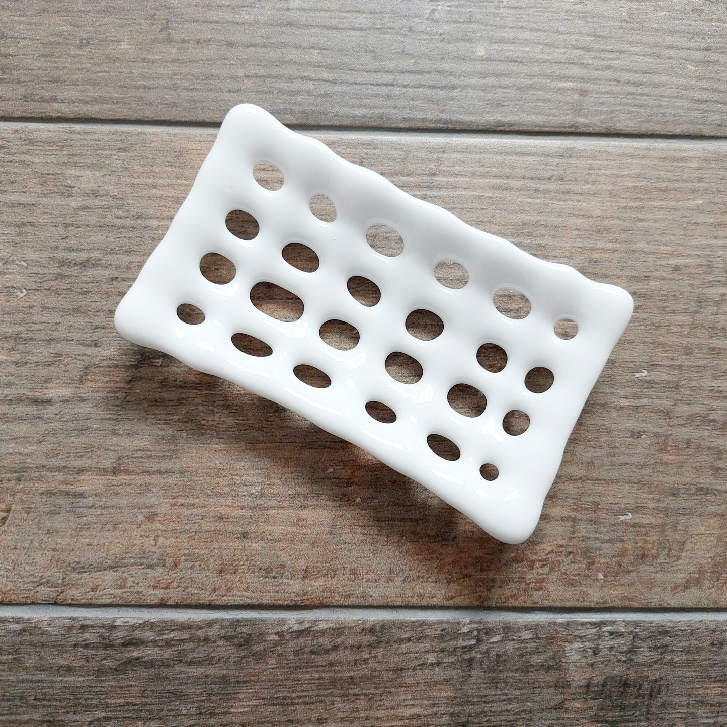 Rectangular White Glass Soap Dish with Holes, Handcrafted Organic Fused Glass Art Soap Tray, White Bathroom Accessory, White Bathroom Décor