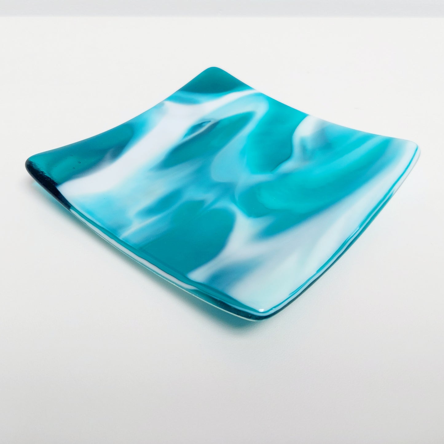 Teal Glass Art Plate, Small Handmade Fused Glass Trinket Dish (12 x 12 cm), Coffee Table Plate, Teal Living Room Décor