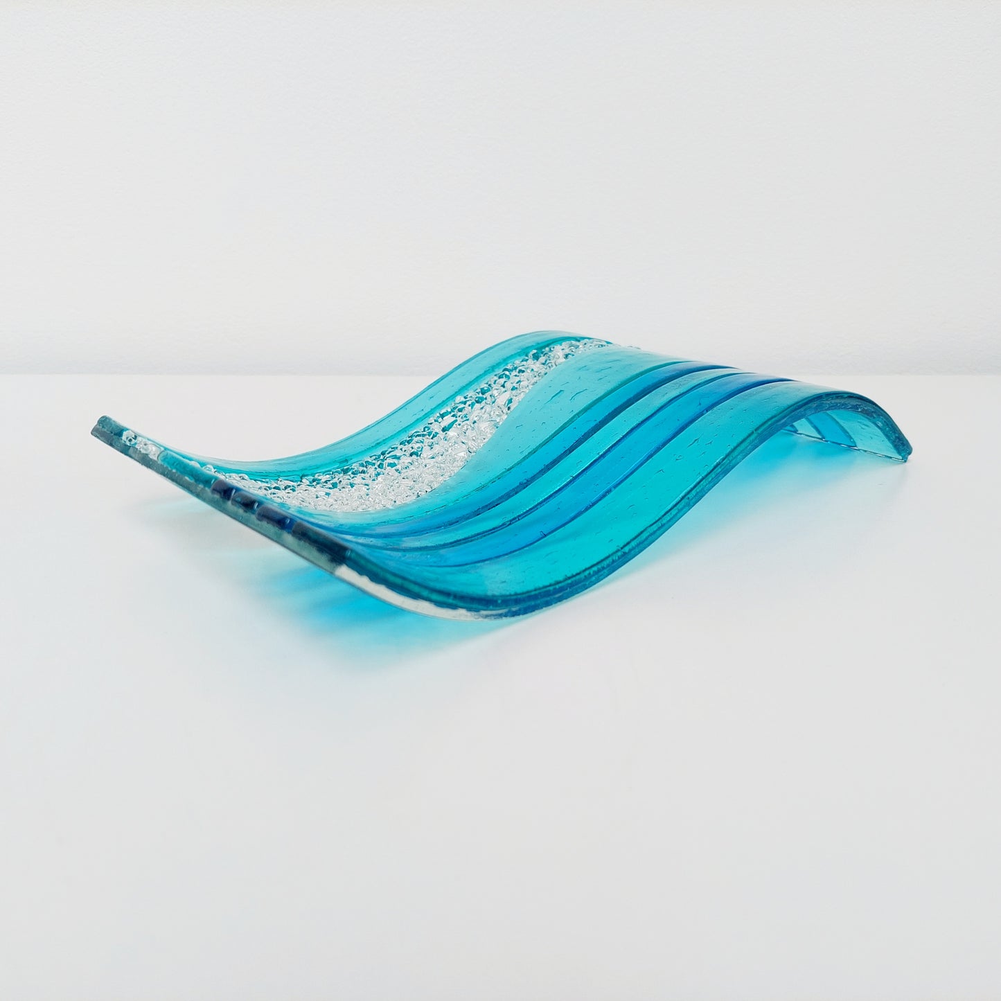 Large Aqua Glass Art Wave with Turquoise Accents, Handmade Textured Fused Glass Ornament, Aqua Décor, Beach House Décor, Lake District Gift
