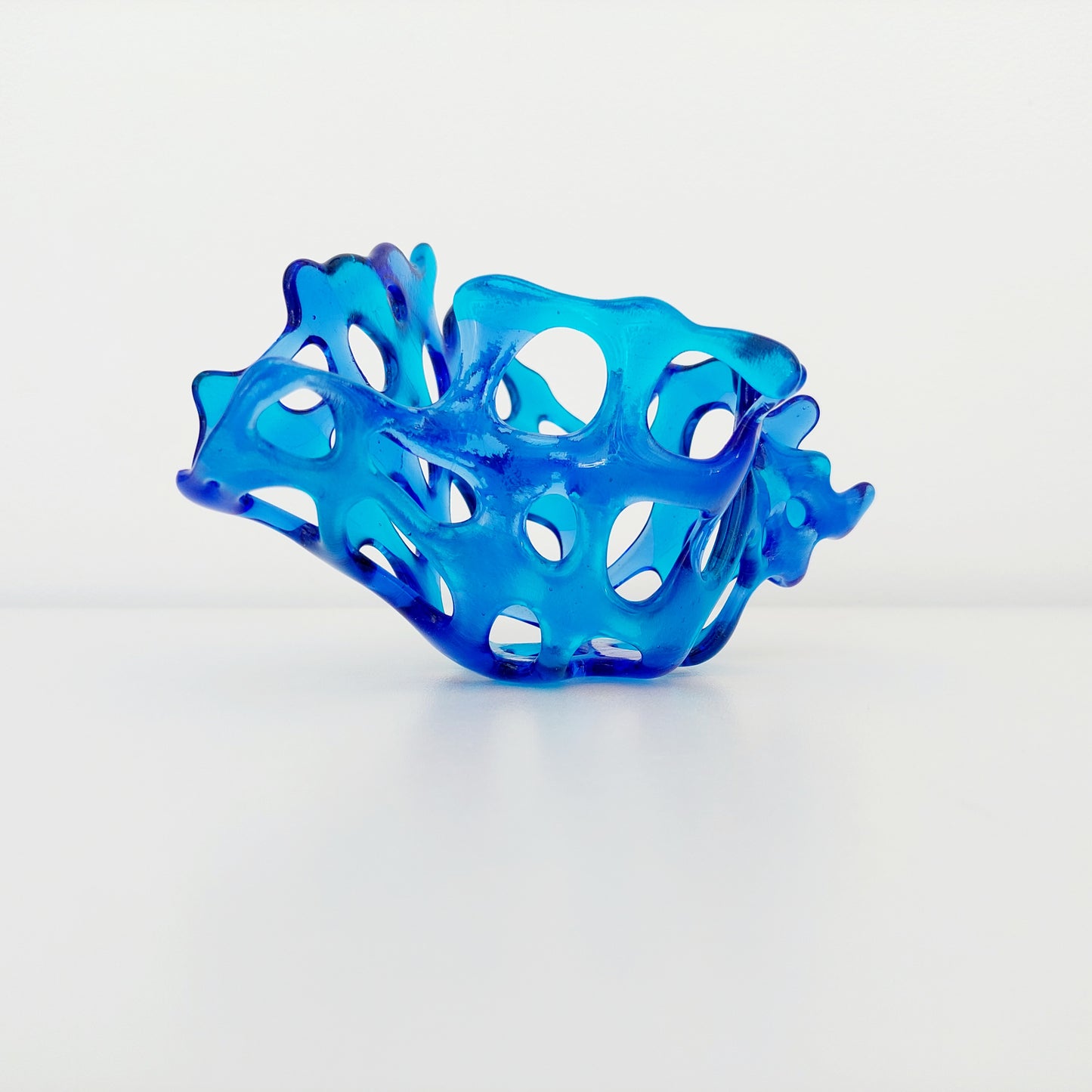 Blue Glass Art Basket, Handcrafted Turquoise and Royal Blue Fused Glass Coral Bowl, Woven Glass Living Room Shelf Ornament, Candle Holder
