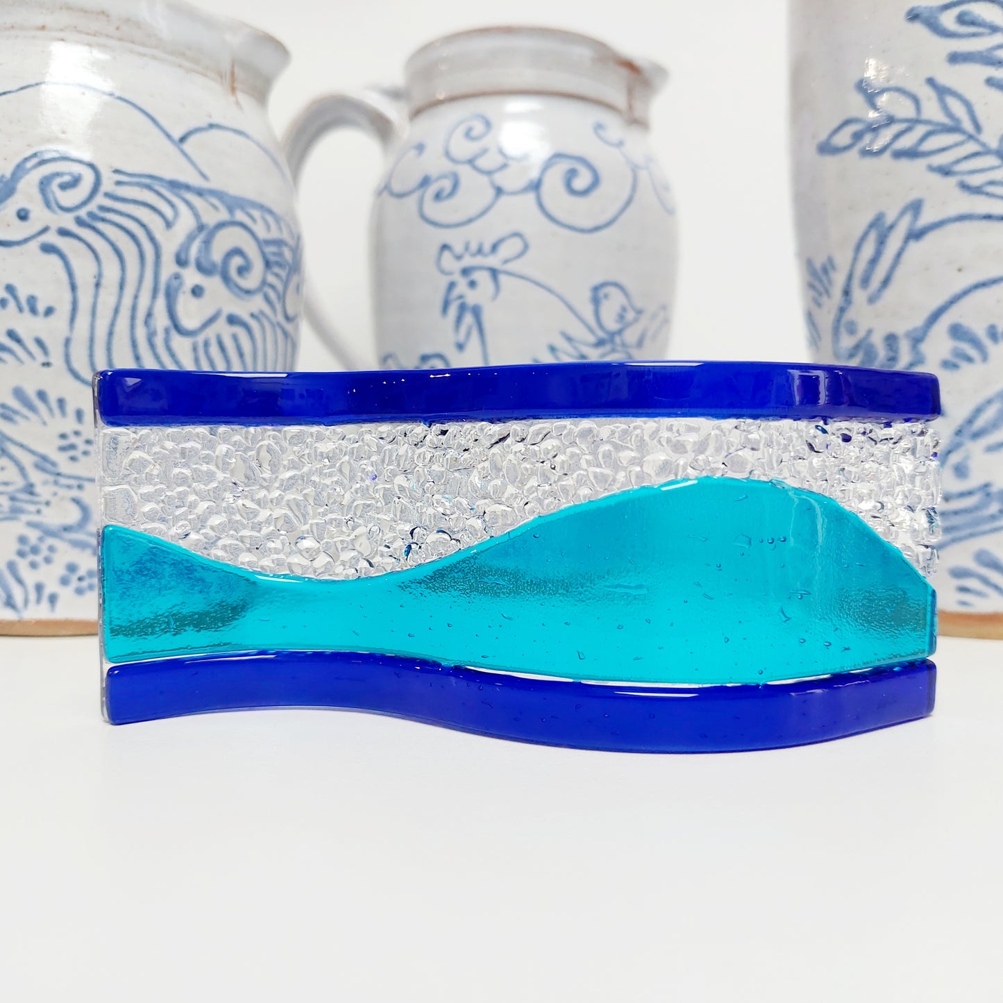 Turquoise and Cobalt Glass Wave, Small Handcrafted Fused Glass Art Ornament