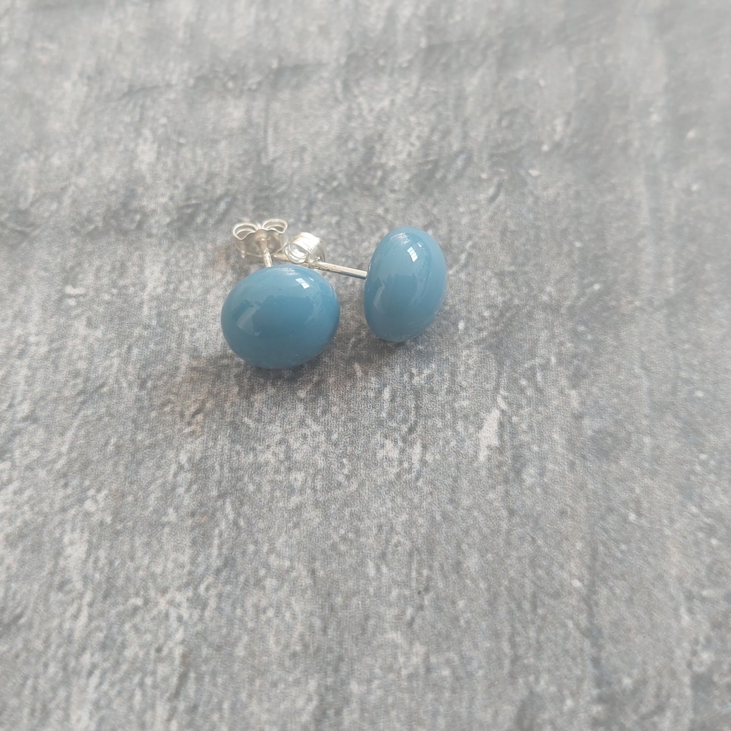 Blue-Grey Glass Stud Earrings with 925 Sterling Silver Posts and Butterflies, Handmade Minimalist Fused Glass Studs, Small Blue Earrings