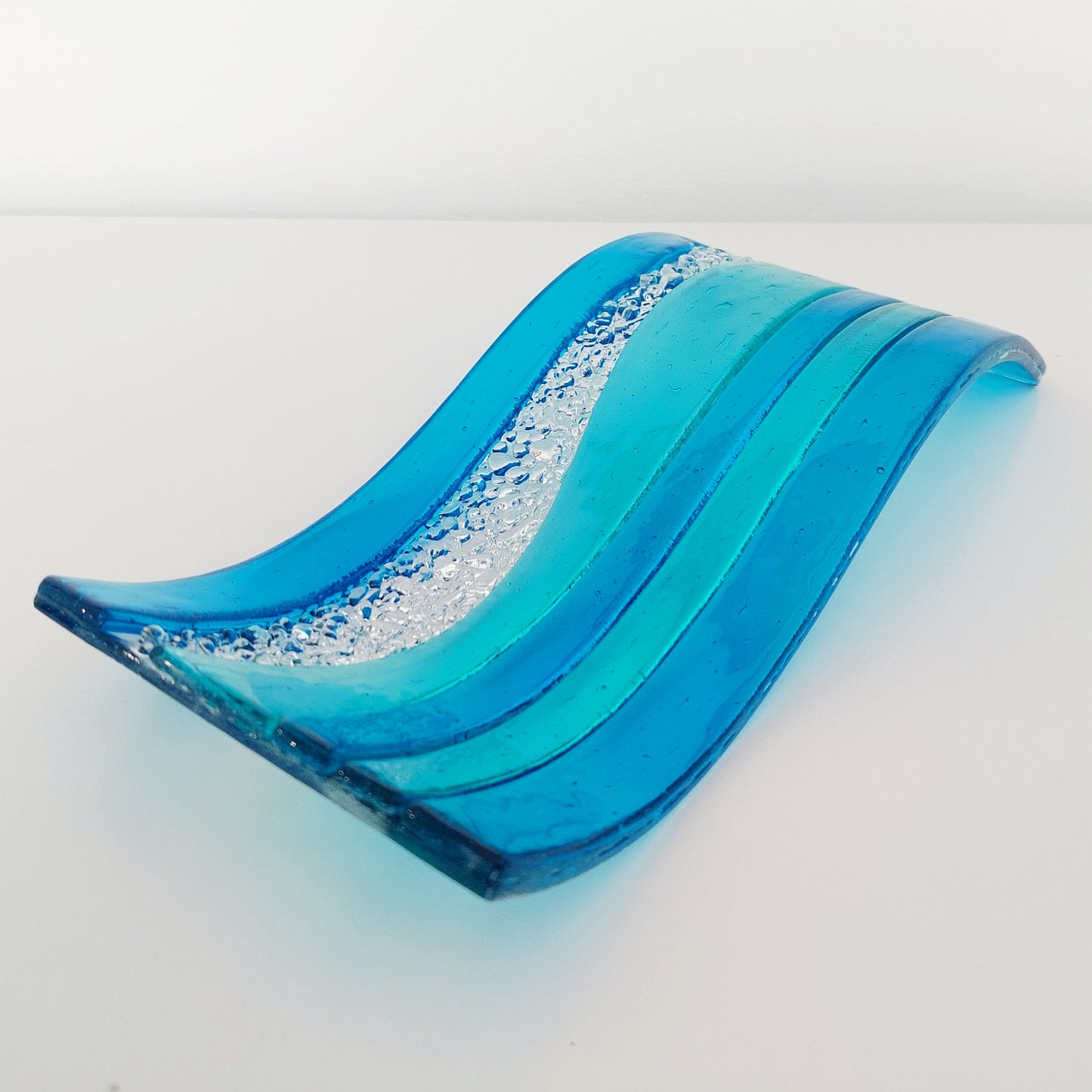 Aqua and Turquoise Glass Art Ornament, Handmade Kiln Formed Glass Wave, Textured Mantlepiece Ornament, Lake District Glass Art, Summer Décor