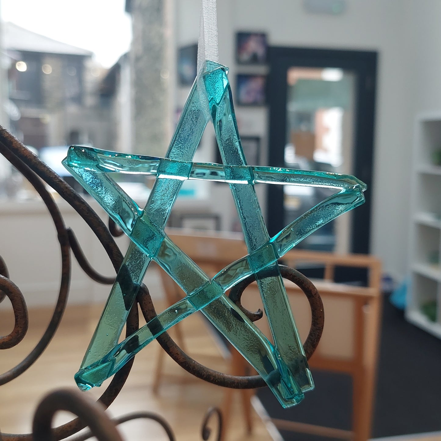Aqua Kiln Formed Glass Star, Christmas Tree Ornament