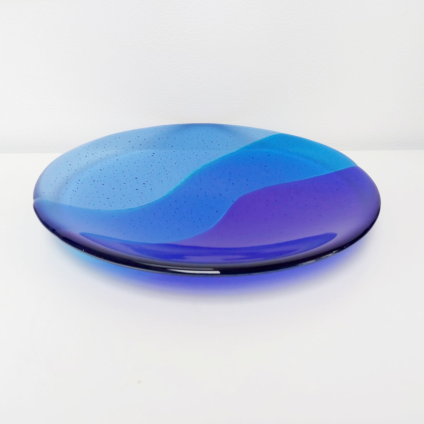 Windermere Waves Glass Art Bowl, Large Handmade Blue Fused Glass Bowl, Shallow Fruit Bowl, Kitchen Island Centrepiece, Blue Kitchen Décor