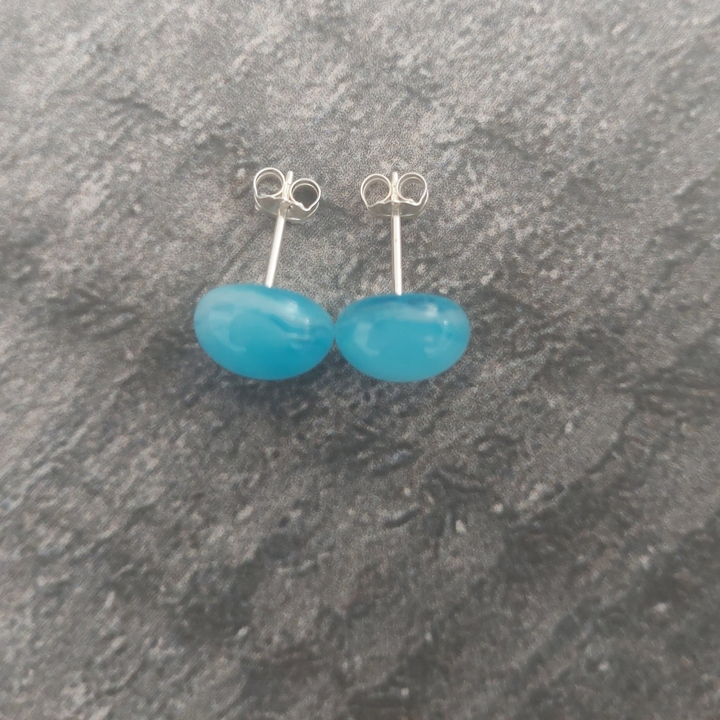 Pastel Turquoise Glass Art Stud Earrings, Small Handmade Blue Fused Glass Studs with Sterling Silver Posts and Butterflies