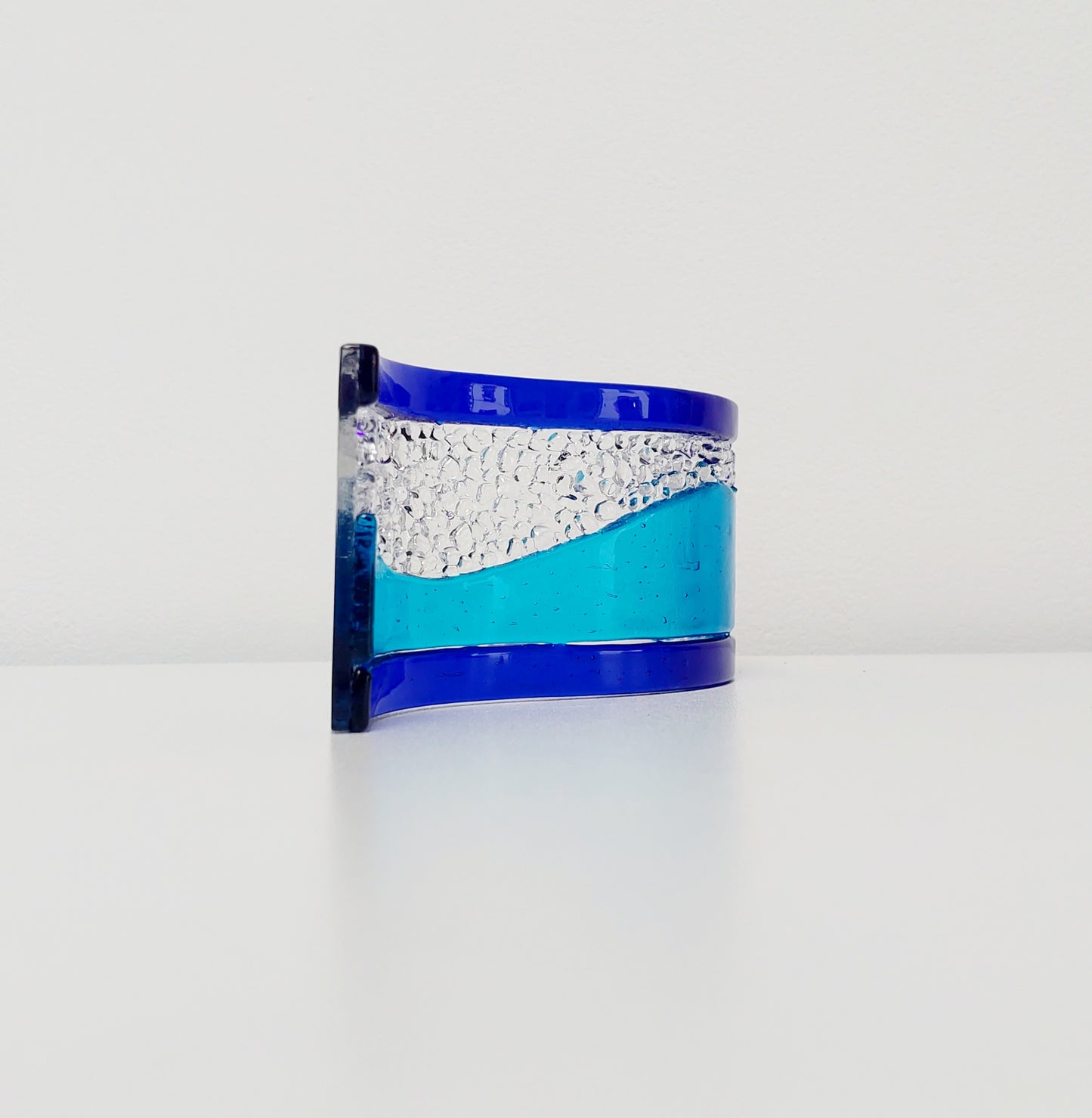 Turquoise and Cobalt Glass Wave, Small Handcrafted Fused Glass Art Ornament