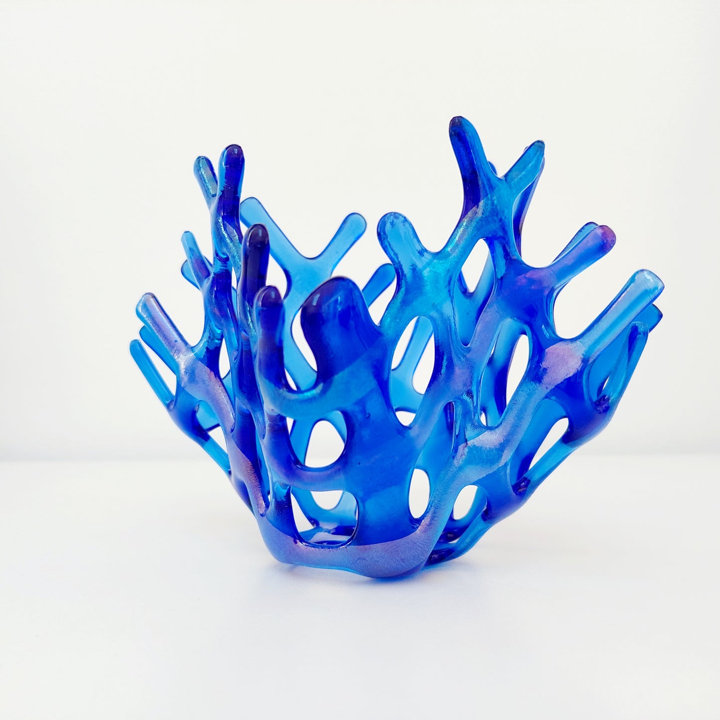 Handcrafted Iridescent Blue Glass Basket, Asymmetrical Coral Vase, Art Sculpture