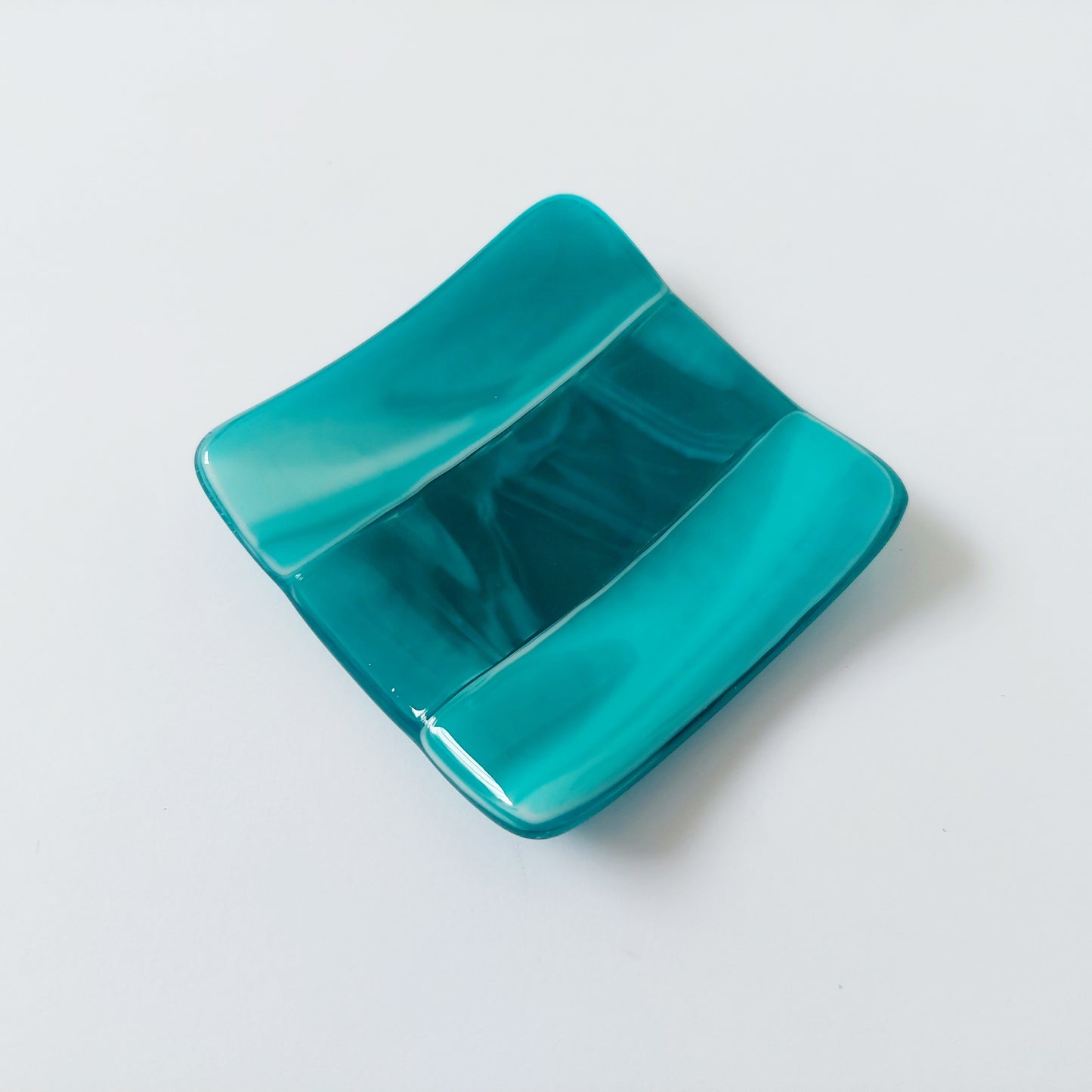 Teal Glass Art Ring Dish, Small Handmade Fused Glass Trinket Dish, Sea Green Glass Earring Bowl, Contemporary Teal Bedroom Décor